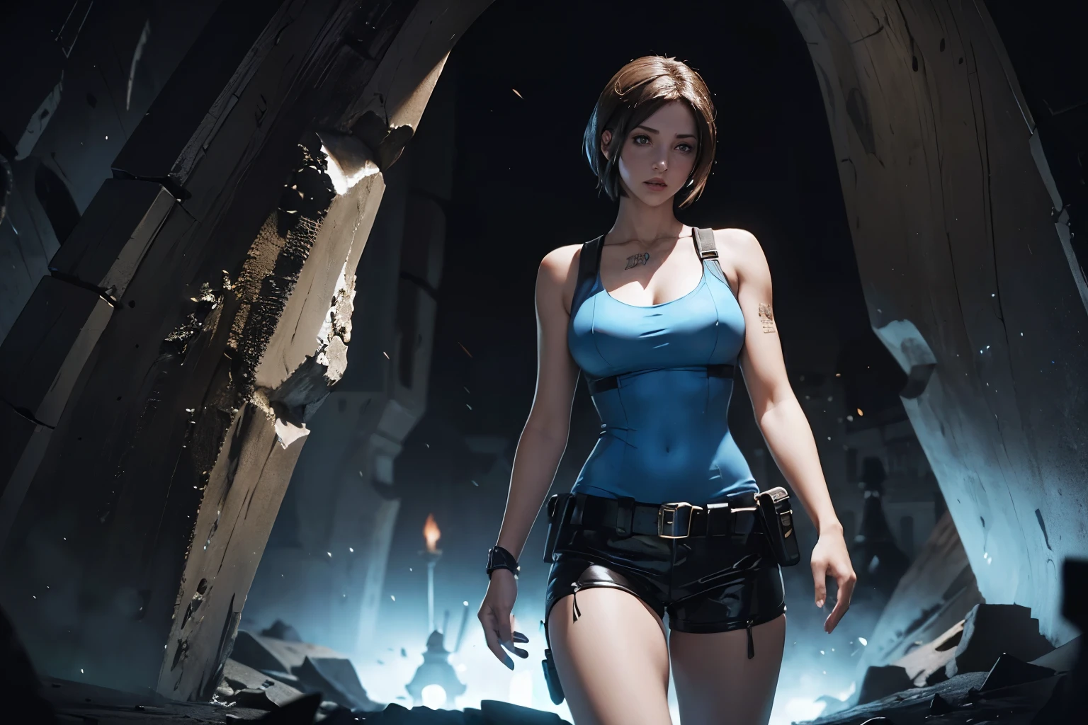 (((landscape of the catacombs))), a beautiful female adventurer stood in the distance, ((wearing a jill valentine outfit))