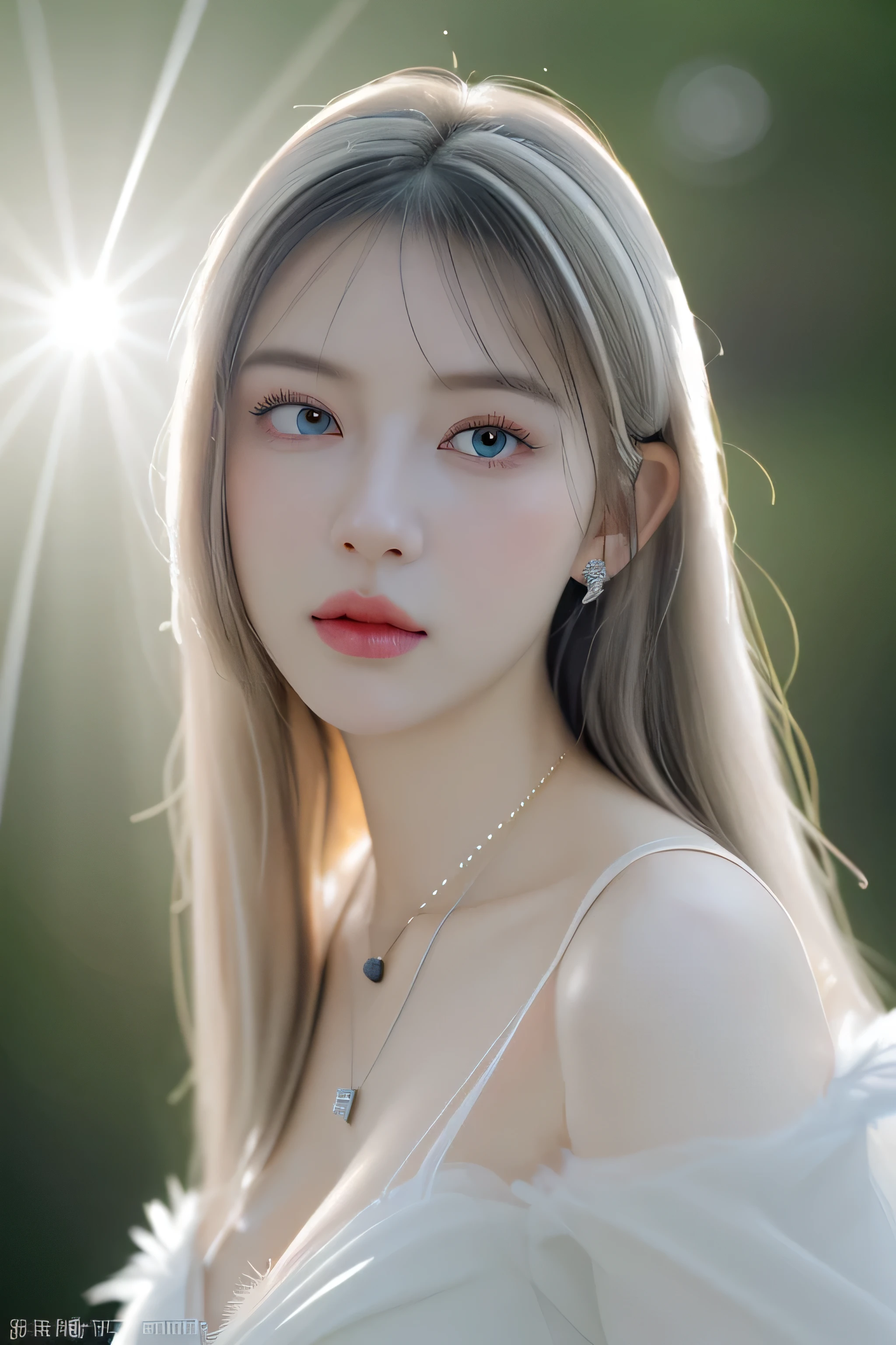 （best quality， masterpiece， high resolution， glow， flood， lens flare， wide angle）， Sunlight， full body lesbian， 1 [Chino|Russian|Japanese|South Korea]girl， alone，（Mei Hong：1.1） ((****ta costume）)， necklace， jewelry， 长white头发， ear nipple ring， The face is super delicate， beautiful face， perfect hands， full face blush， （perfect eyes） ，（ long eyelashes： 1.4）， glowing pupils， （white： 0.9）， endless realism， （High detail skin： 1.2）， 8k, ultra high definition， digital SLR camera， high quality， Volumetric lighting， frank， high resolution， 4k， 8k， in background blur， fantasy forest， radiant garlic， Feather drop effect， morning， prospect， F/16张全身照大长腿white