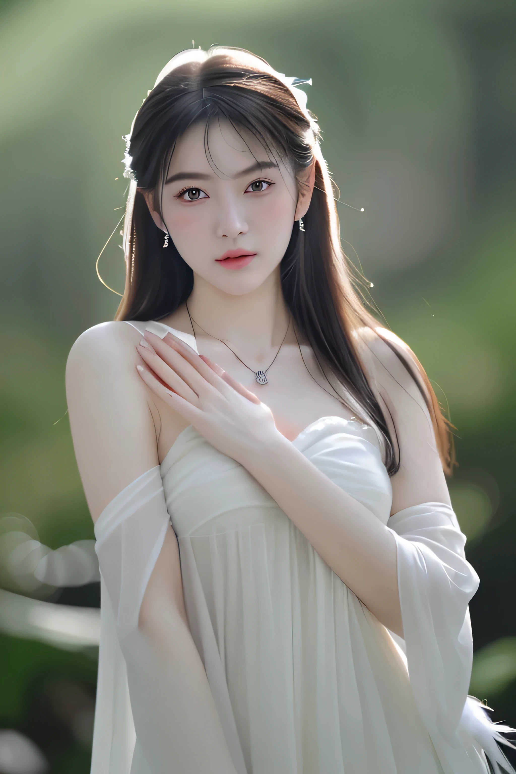 （best quality， masterpiece， high resolution， glow， flood， lens flare， wide angle）， Sunlight， full body lesbian， 1 [Chino|Russian|Japanese|South Korea]girl， alone，（Mei Hong：1.1） ((lolita costume）)， necklace， jewelry， 长white头发， ear nipple ring， The face is super delicate， beautiful face， perfect hands， full face blush， （perfect eyes） ，（ long eyelashes： 1.4）， glowing pupils， （white： 0.9）， endless realism， （High detail skin： 1.2）， 8k, ultra high definition， digital SLR camera， high quality， Volumetric lighting， frank， high resolution， 4k， 8k， in background blur， fantasy forest， radiant garlic， Feather drop effect， morning， prospect， F/16张全身照大长腿white