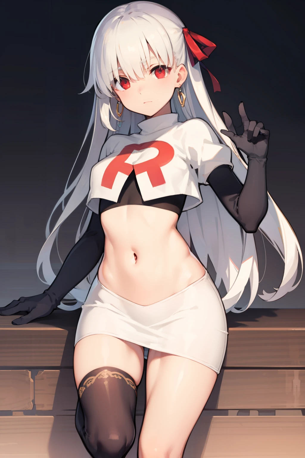 fgokama, kama, hair ribbon, (red eyes:1.5), red ribbon, ribbon, long hair, white hair,
BREAK earrings, jewelry, ring, team rocket,team rocket uniform,white skirt,red letter R,crop top,black thigh-highs,black elbow gloves
BREAK looking at viewer,
BREAK (masterpiece:1.2), best quality, high resolution, unity 8k wallpaper, (illustration:0.8), (beautiful detailed eyes:1.6), extremely detailed face, perfect lighting, extremely detailed CG, (perfect hands, perfect anatomy),