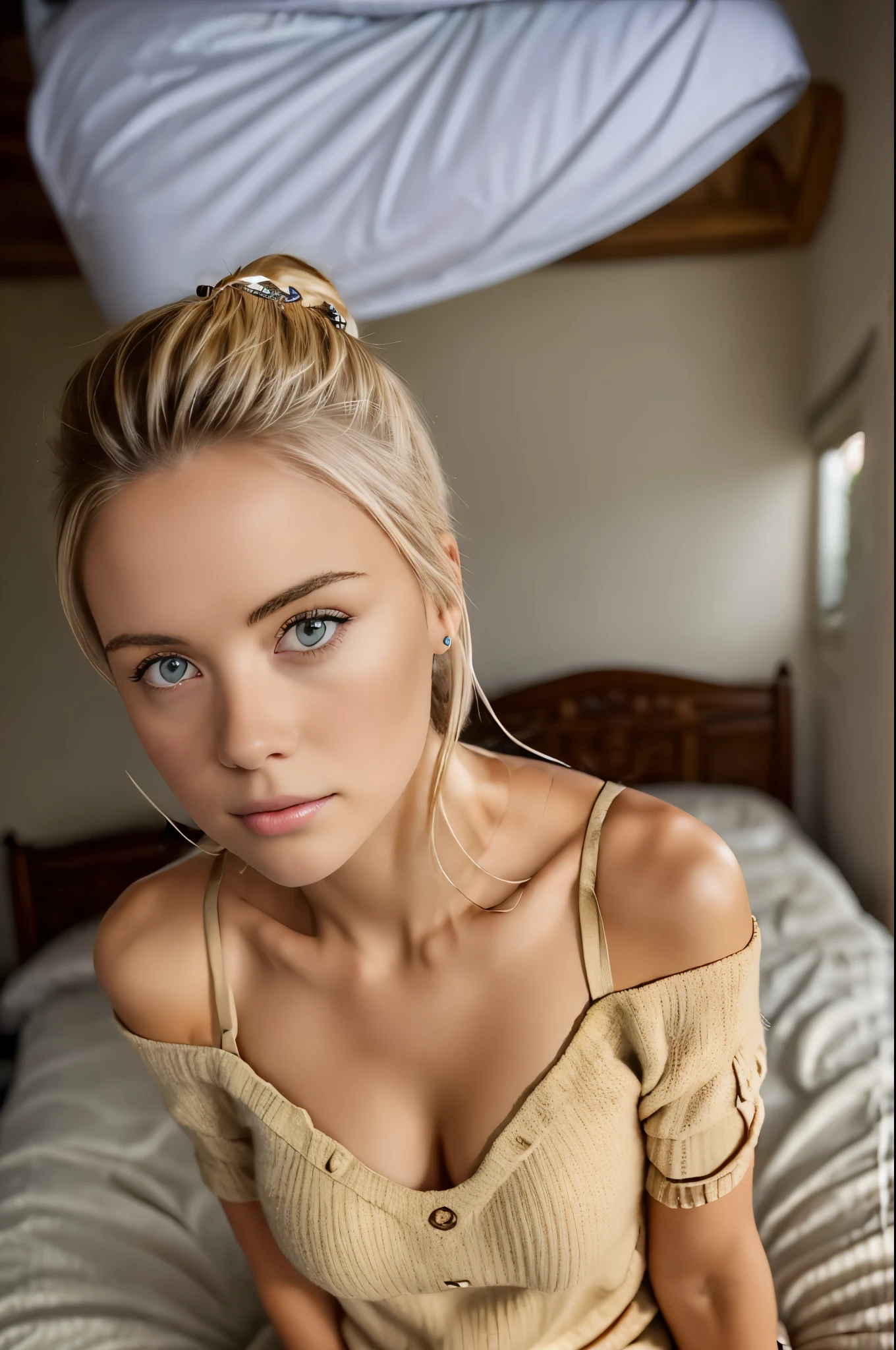 summer77, beautiful blonde 23yo girl, solo, no make up, pijamas,on the bed, just woke up, selfie, top angle, recover face details, realistic skin texture, photography, snapshot,