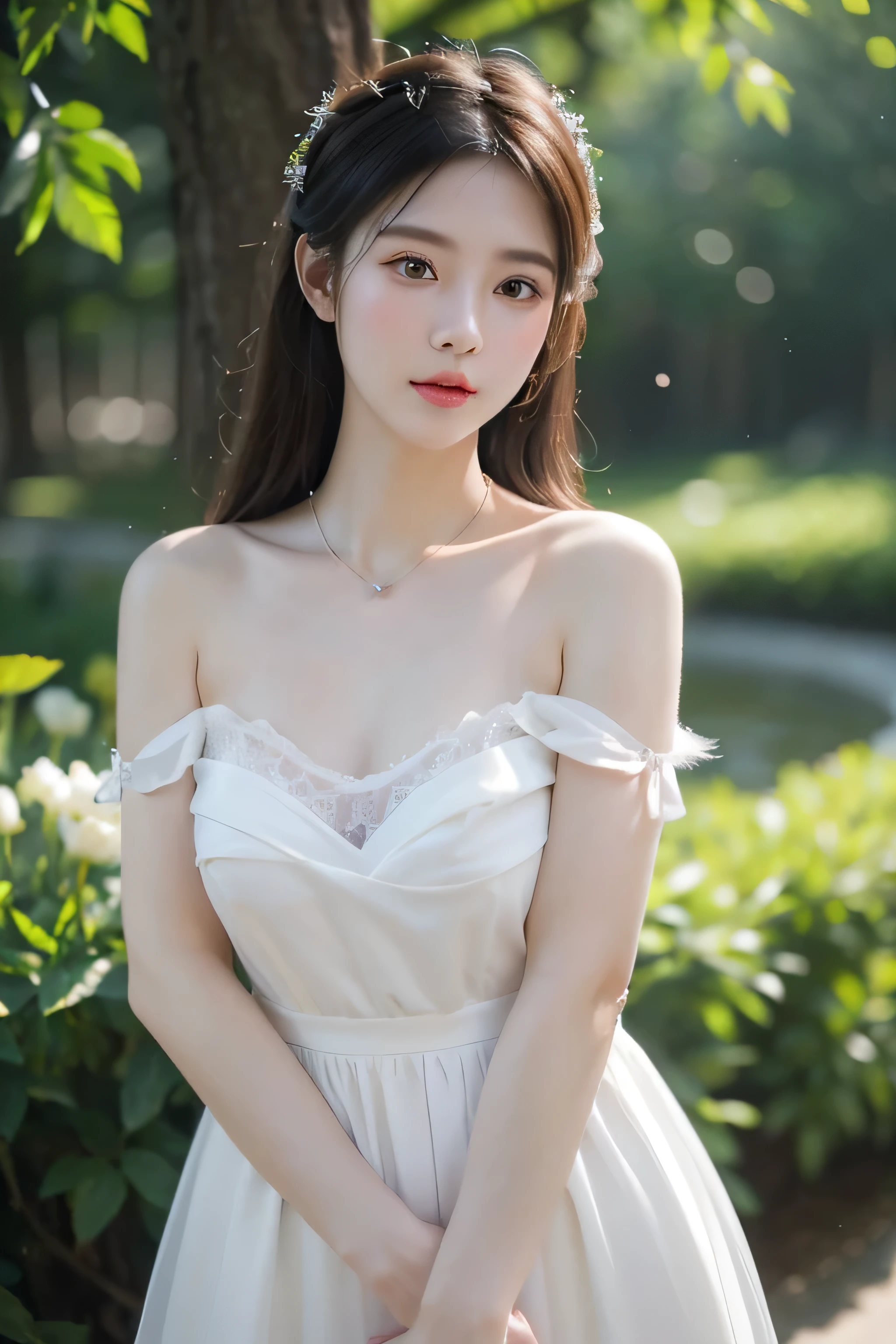 a close up of a woman in a white dress posing for a picture, beautiful asian girl, beautiful girl model, gorgeous chinese model, lovely delicate face, beautiful model girl, gorgeous young korean woman, pale milky white porcelain skin, beautiful detailed body and face, beautiful south korean woman, beautiful delicate face, pale snow white skin, beautiful young korean woman, very beautiful girl