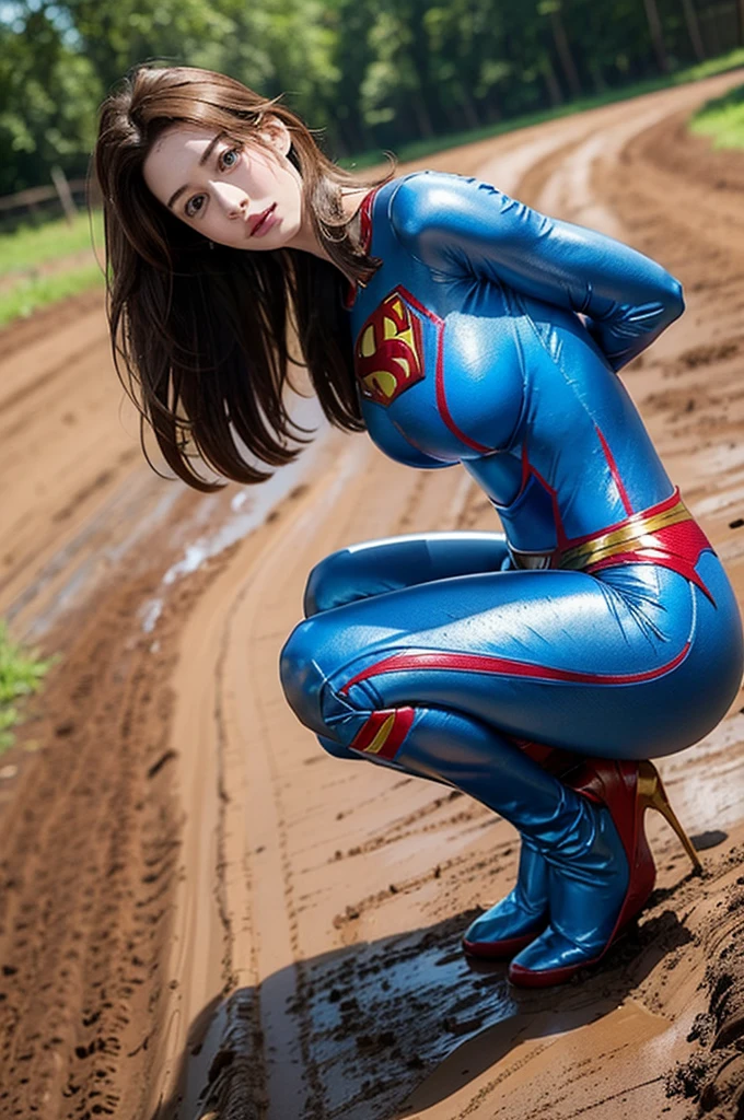 Anne Hathaway has long brown hair,White skin,Big breasts and butt,long legs,slender legs,Wearing a blue shiny full-coverage tight-fitting Superman suit,,Squatting on a muddy dirt road,Clothes covered with mud stains,Realistic style,full body picture
