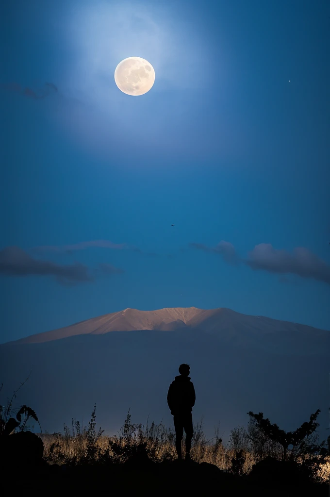 highest quality,big moon and shadow,A silhouette of a person can be seen against the background of the big moon.,There is one full moon,There is a mood,beautiful scenery