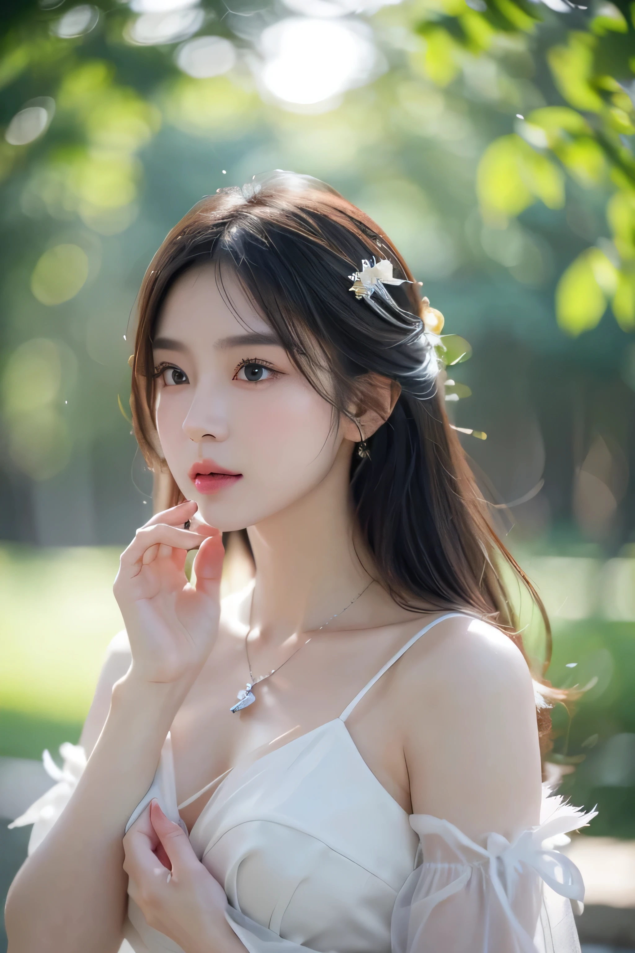 （best quality， masterpiece， high resolution， glow， flood， lens flare， wide angle）， Sunlight， full body lesbian， 1 [Chino|Russian|Japanese|South Korea]girl， alone，（Mei Hong：1.1） ((lolita costume）)， necklace， jewelry， 长white头发， ear nipple ring， The face is super delicate， beautiful face， perfect hands， full face blush， （perfect eyes） ，（ long eyelashes： 1.4）， glowing pupils， （white： 0.9）， endless realism， （High detail skin： 1.2）， 8k, ultra high definition， digital SLR camera， high quality， Volumetric lighting， frank， high resolution， 4k， 8k， in background blur， fantasy forest， radiant garlic， Feather drop effect， morning， prospect， F/16张全身照大长腿white