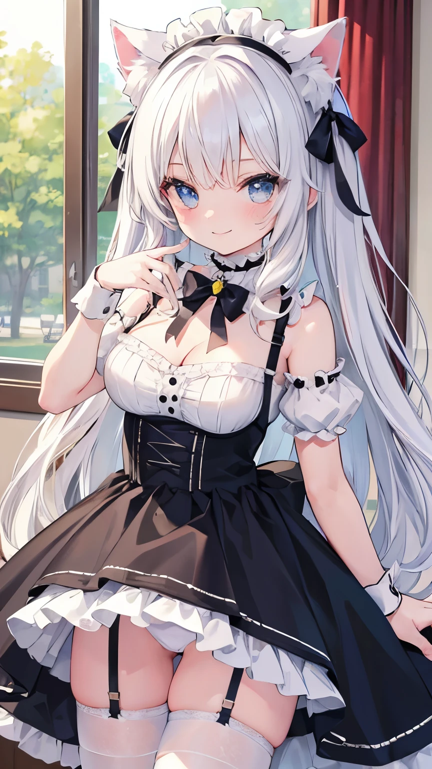 8K, 16K, masterpiece, {{{{Highest quality}}}}, beautiful,1 girl, White_hair, cat ears(White), cat tail(White), frilled choker, {{{maid}}}, garter belt,garter straps, {{{seductive smile}}}, selfee、self-taken picture、taking a picture of oneself, self_shot