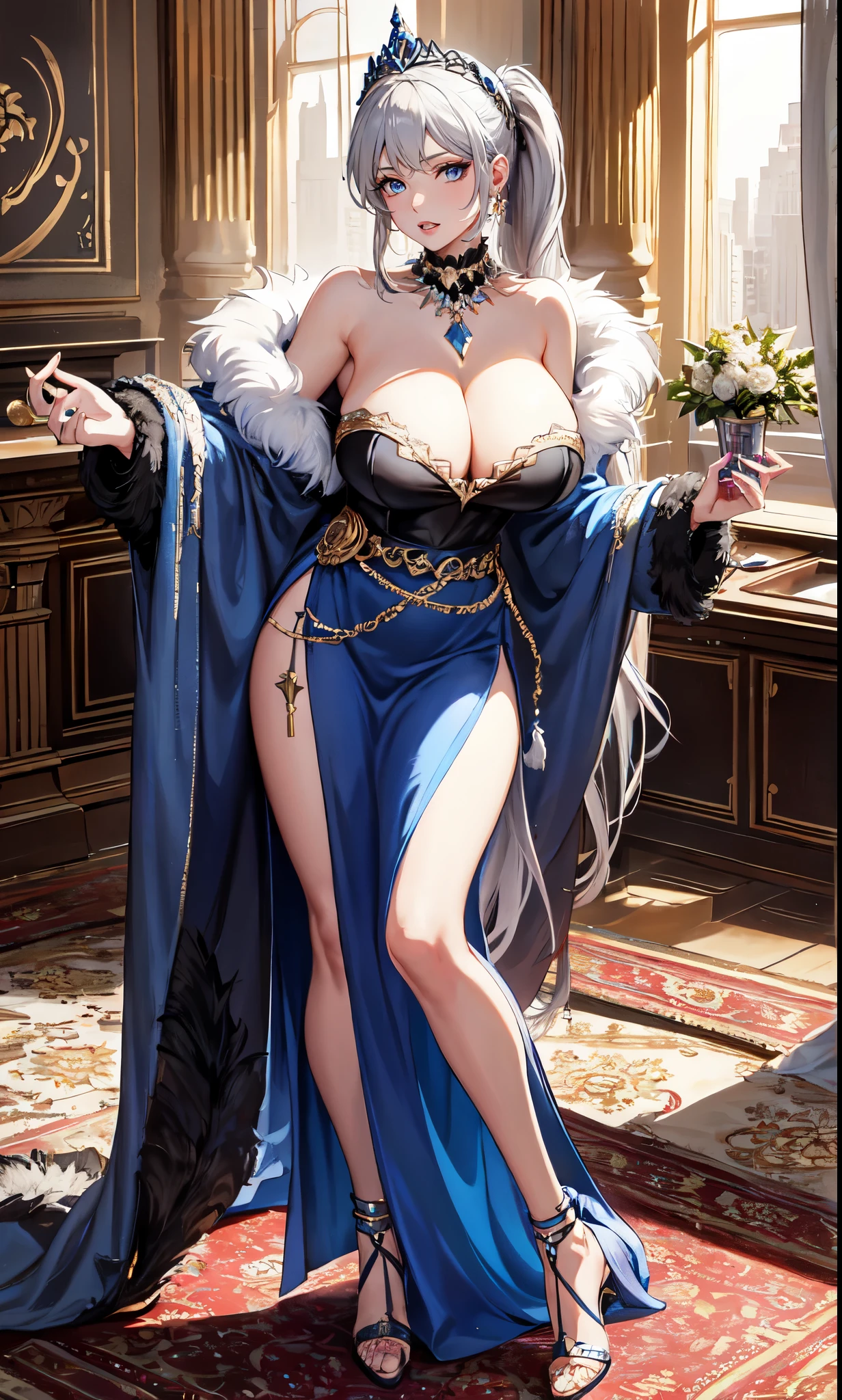 Noble Mansion,(gray hair:2.0),Slender high straight ponytail,gold headband,Standing close-up,dream world,Mature lady,(Slender blue phoenix eyes,lipstick,long eyelashes),long eyelashes,Contact lenses,gemstone gold necklace,(Off-shoulder blue fur dress,fur tube top,fur strapless,wide cuffs,Long skirt,belt:2.0),fur tube top(big breast)ballroom background,(soft light and shadow:1.9),fur high heels,plush high heels,Detailedly drawn backgrounds