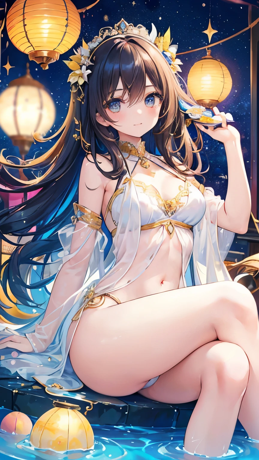 Layla (masterpiece), (highest quality), (Super detailed),(messy hair),(figure), (1Girl), beautiful detailed eyes,delicate and beautiful features,FloatinG,(hiGh saturation),(colorful splashes),colorful bubble,(shininG),focus on the face, sittinG inside a Glass ball, G;ass caGe, Golden stars and lanterns