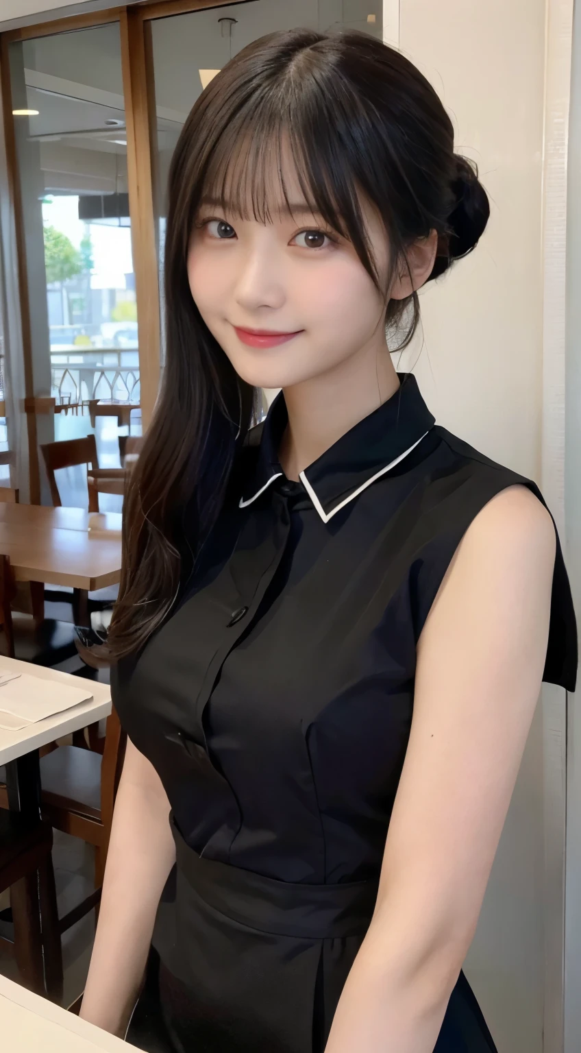(highest quality,masterpiece:1.3,ultra high resolution,),(Super detailed,caustics),(Photoreal:1.4,RAW shooting,)ultra-realistic capture,very detailed,High resolution 16K human skin close-up。 natural skin texture、,The pores are、、、Must be detailed enough to be easily identified。 Skin should look even-toned and healthy。 Use natural light and color,restaurant,waitress uniform,1 girl,Japanese,18-year-old,cute,black haired,ponytail,big breasts,smile,turn your body forward,(Front view:1.1),look at the camera,cowboy shot,