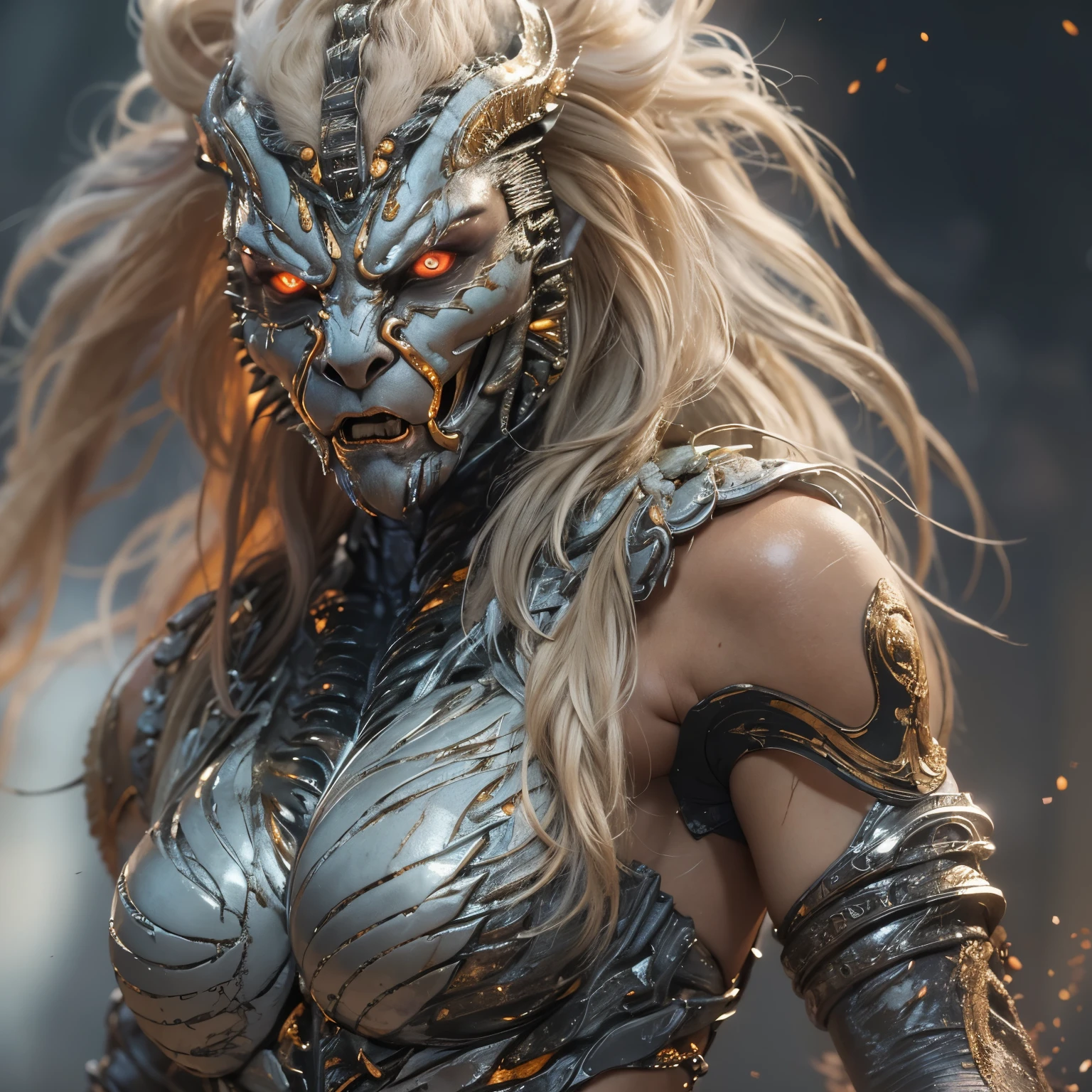 1 female alien, The predator, warrior, (extremely beautiful:1.2), (intense gaze:1.6), (predator:1.6), long dark claws, NSFW,  nipples, thick eyebrows, glowing and shining orange eyes, the most beautiful face in the universe, silver blonde hair,
A woman with an extremely beautiful face, her intense gaze fixed on her prey, a primal force that could not be denied.

(extreamly beautiful lean body:1.5), (ultra muscular build:1.2), (prowling:1.3), (sleek movements:1.4),

Her beautiful body, muscular and toned, moved with sleek grace as she prowled, ready to strike at a moment's notice. The predator within her was always on