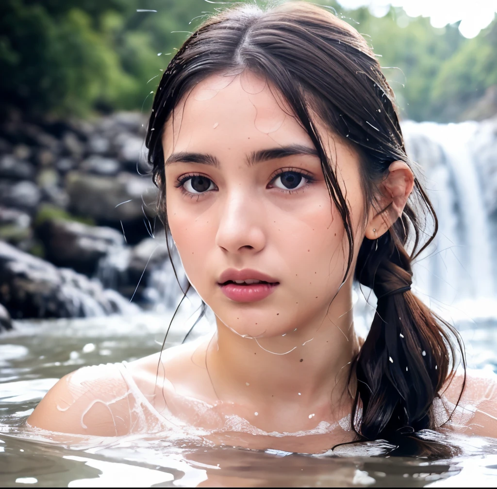 14 year old asian girl, standing, outside, sunny, bikini, outdoors, super long hair, black hair, thick hair, hair floating in water, braid