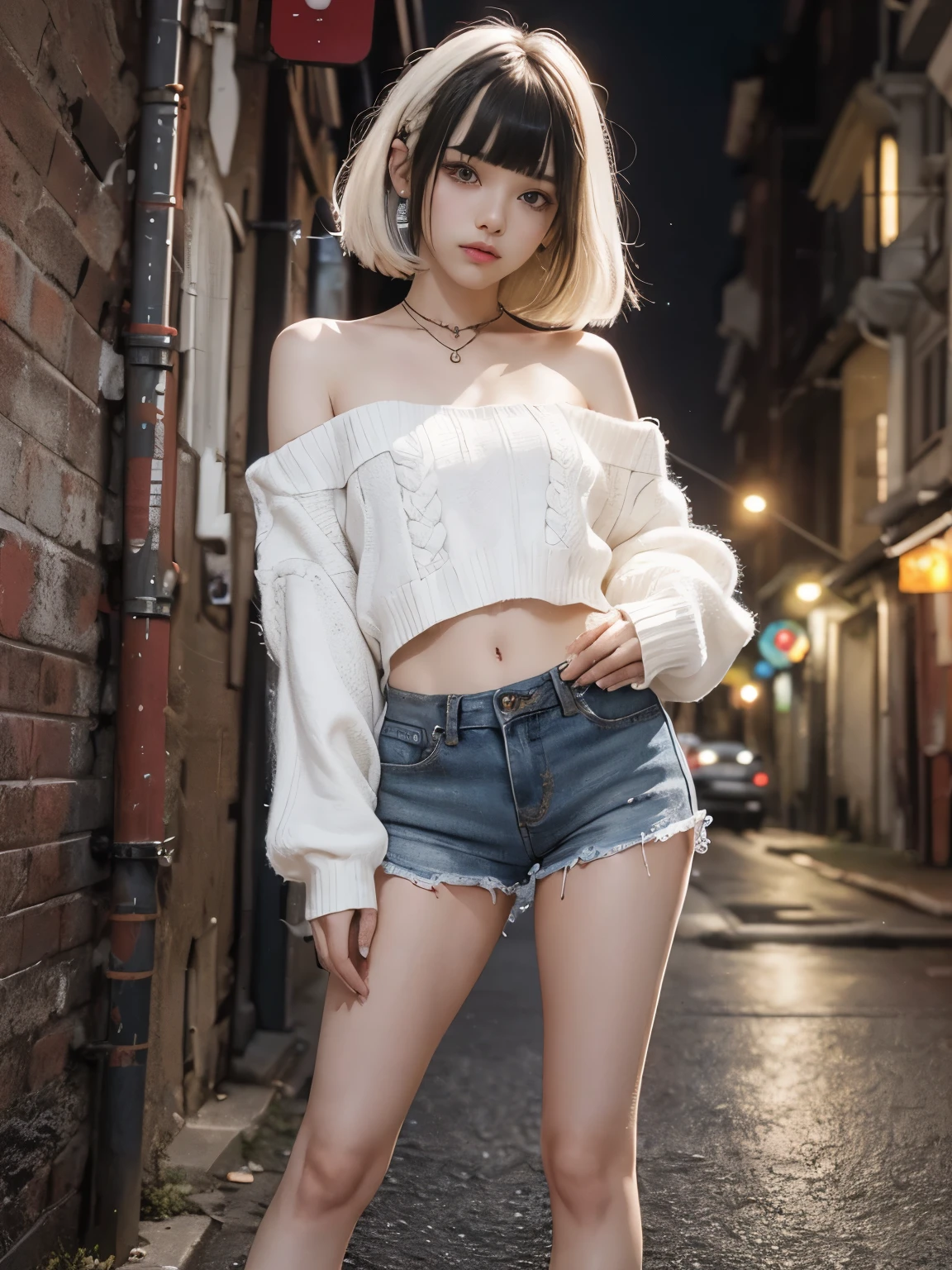 raw photo, 8k, (top-quality), Realistic, (real picture, Intricate details), (natural skin texture, detailed skin, hyper realism, sharpness), (Japanese girl standing in a dirty back alley at night, graffitied wall:1.3, sexy posing), ((white knitted sweater, off-shoulder, black short shorts)), (((flat chest:1.5))), (pale skin:1.2), ((white hair, braid hair, blunt bangs)), (seductive face, provocative look, Parted lips:1.3), thigh, graffiti:1.5, trash can, night time, spot lighting:1.3, Full body shot