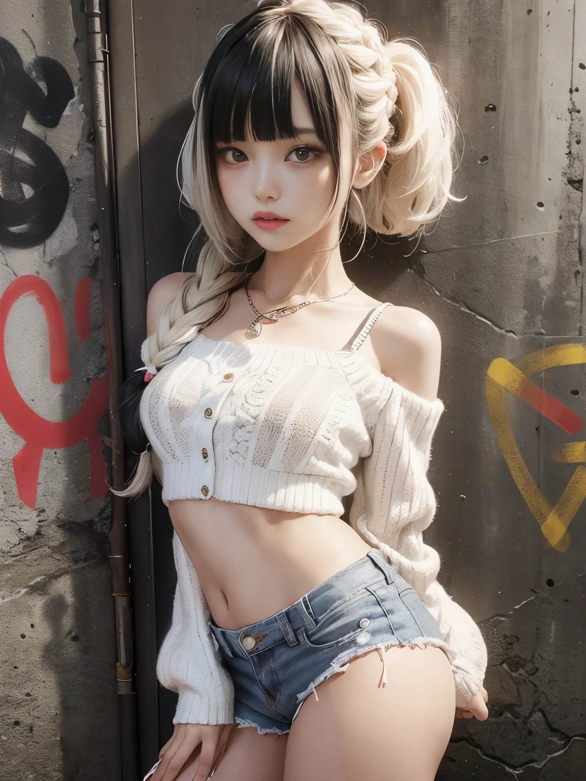 raw photo, 8k, (top-quality), Realistic, (real picture, Intricate details), (natural skin texture, detailed skin, hyper realism, sharpness), (Japanese teenage girl standing in a dirty back alley at night, graffitied wall:1.3, sexy posing), ((white knitted sweater, off-shoulder, black short shorts)), (((flat chest:1.5))), (pale skin:1.2), ((white hair, braid hair, blunt bangs)), (seductive face, provocative look, Parted lips:1.3), thigh, graffiti:1.5, trash can, night time, spot lighting:1.3, Full body shot