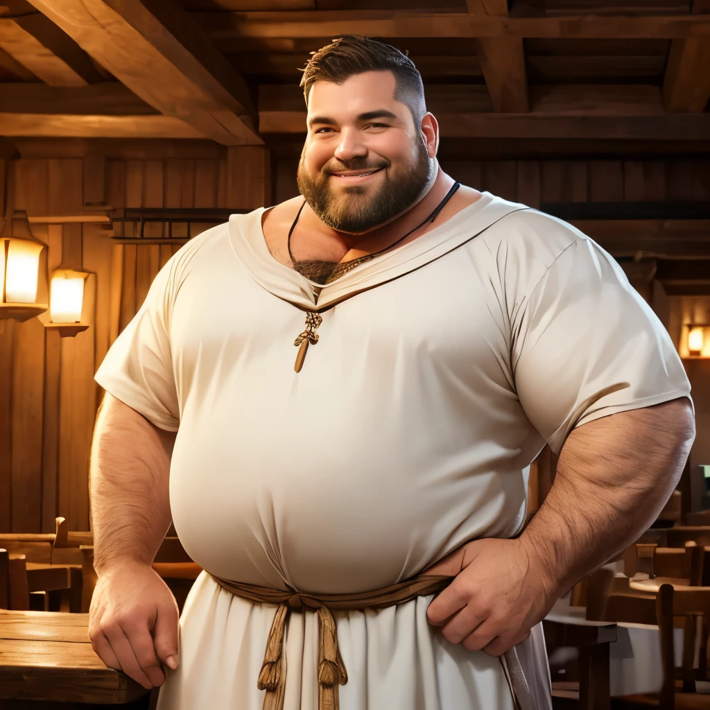 (highest quality:1.5), (masterpiece:1.5), (Inside a medieval inn:1.2), (huge body:1.4), fat, male, short hair, 45 years old, Well-formed beard, (shoot from front:1.3), cowboy shot, smile, short-sleeved white cloth clothes,