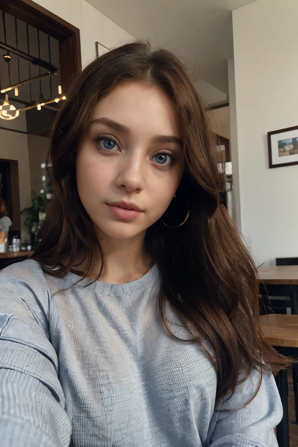 arafed woman with casual clothes, with realistic blue eyes, portrait sophie mudd, brown curly hair and large eyes, selfie of a young woman, bedroom eyes, violet myers, without makeup, natural makeup, looking directly at the camera, face with artgram, subtle makeup, stunning full body shot, in a coffee shop, drinking coffee, background out of focus