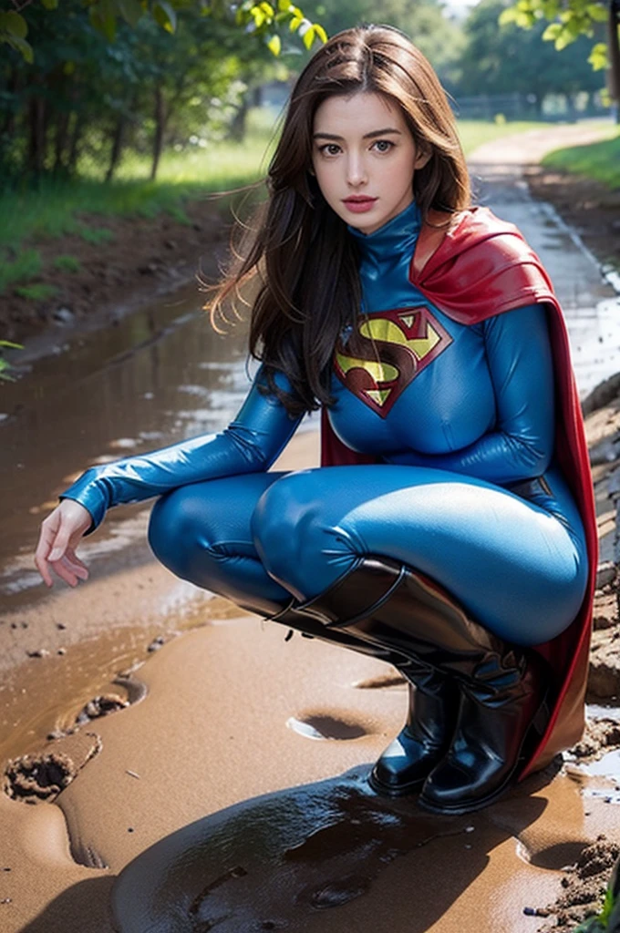 Anne Hathaway has long brown hair，White skin，Big breasts and butt