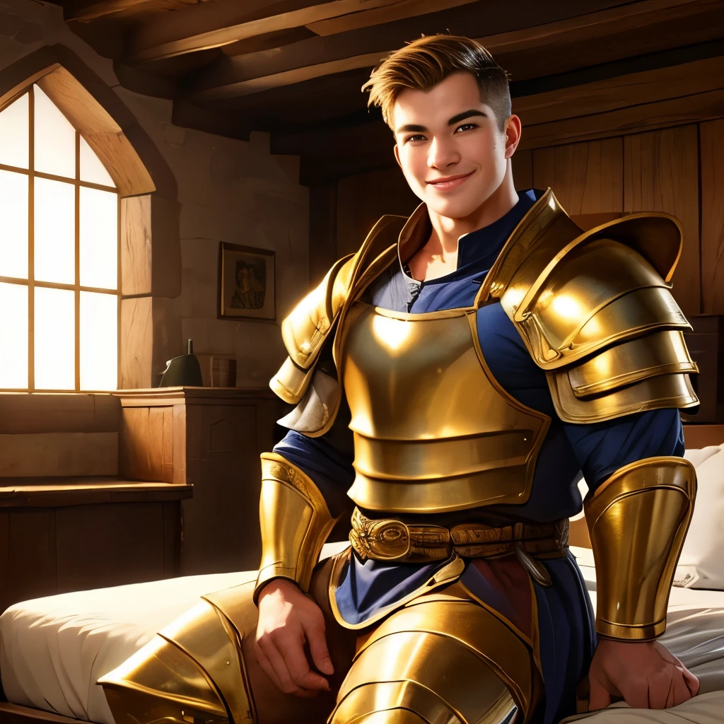 (highest quality:1.5), (masterpiece:1.5), (Medieval inn rooms:1.2), (macho:1.2), (huge body:1.1), gold short hair, 25 years old, golden iron armor, smile, sitting on the bed, (shoot from front:1.3)