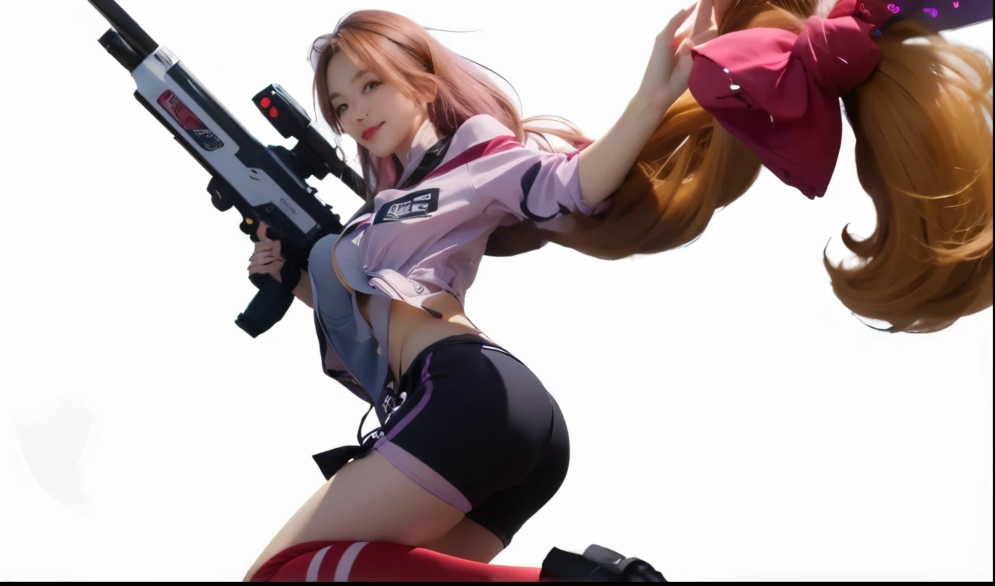1girl, Girl smiles, purple hair girl, Tight clothes, pink jackets, flashy clothes, 2 finger pose, perfect eyes, Japanese eye,The eye pupils are red, Japanese girl, Bigger breasts, Beautiful eyes, Perfect eyes, sweet lips, ultra high res.photorealistic:1.4, UHD