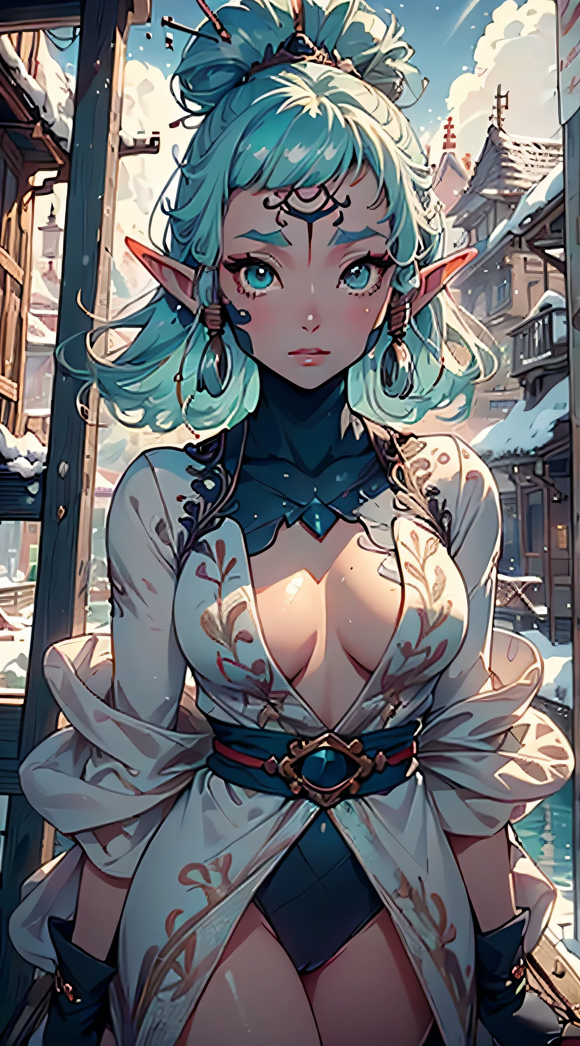 cute elf,(((little ,tiny little body,little))),((())),((anime elf with extremely cute and beautiful aqua hair)), (((elf,elf ears))), ((lesbian,yuri)),(((flat chest))),((((aqua hair:1.35,undercut aqua hair,colored inner hair,ear breathing)))),(((aqua_eyes:1.3))),intricate eyes,beautiful detailed eyes,symmetrical eyes,big eyes:1.5,(((dark skin,dark_skin,lustrous skin:1.5,bright skin: 1.5,skin tanned,shiny skin,very shiny skin,shiny body,plastic glitter skin,exaggerated shiny skin,illuminated skin))),(,detailed body,(detailed face)), cute,slutty,erotic,daring,(((nsfw))), zettai ryouiki,revealing clothing,show skin,(((Sexy aqua fur coat, aqua fur coat outfit, wearing a ice dress:1.3,aqua winter coat))), ((ice dress,elegant ice dress)),(white gloves,white clothes,(((intricate outfit,intricate clothes,embroidered outfit,ornate outfit,embroidered clothes,ornate clothes))), (dynamic pose:1.0),embarrassed,(centered,scale to fit dimensions,Rule of thirds), ((snowy pine forest at night)), with dark stormy clouds,winter,scenery:1.25,((snow forest background)),Christmas tree, highres,sharp focus,(ultra detailed,extremely detailed),(photorealistic artwork:1.37),(extremely detailed CG unity 8k wallpaper),(((vibrant colors,vibrant theme))),(intricate),(masterpiece),(best quality), Paya