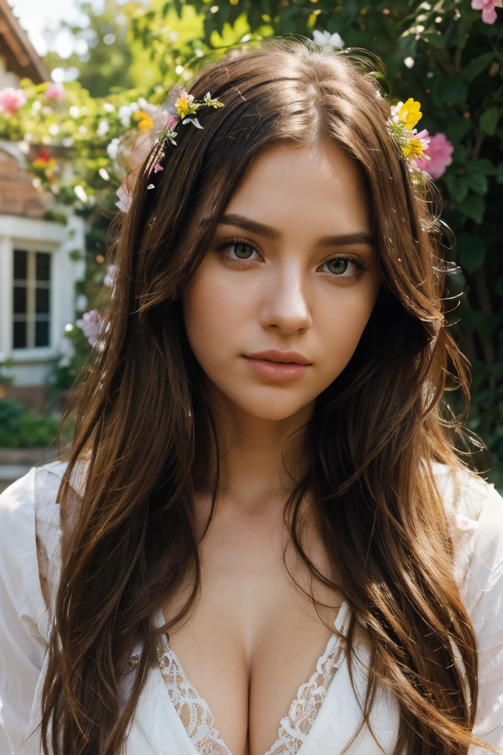 (best quality,ultra-detailed,photorealistic),young woman,beautiful eyes,detailed lips,pensive expression,soft lighting,vibrant colors,,long flowing hair,stylish outfit,garden background,colorful flowers,natural sunlight,serene atmosphere