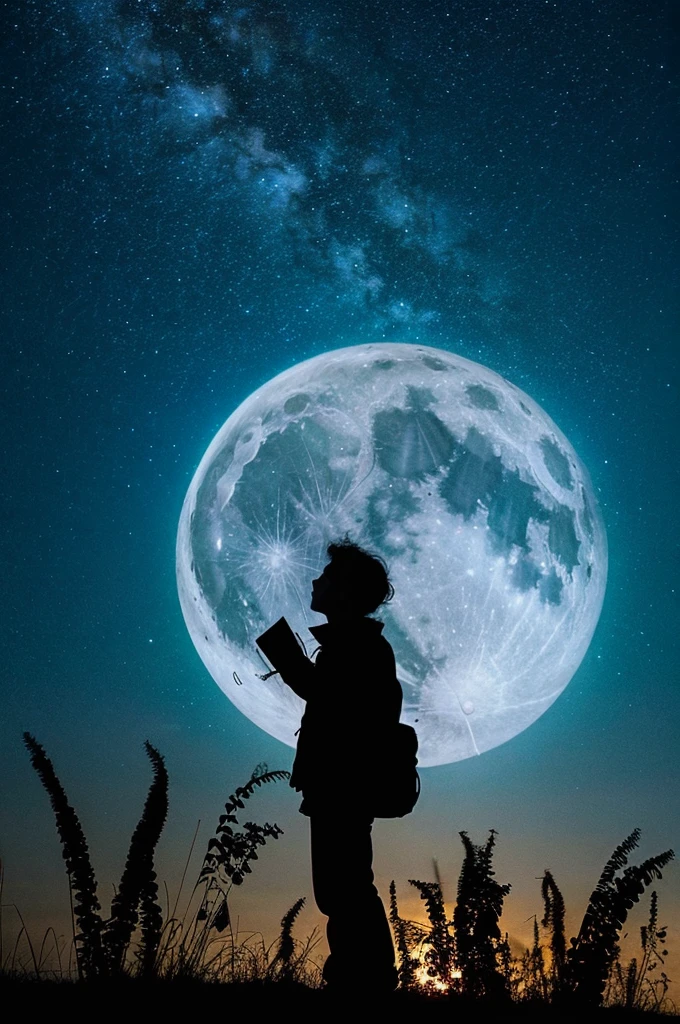 highest quality,big moon and shadow,A silhouette of a person can be seen against the background of the big moon.,There is one full moon,There is a mood,beautiful scenery,starry sky