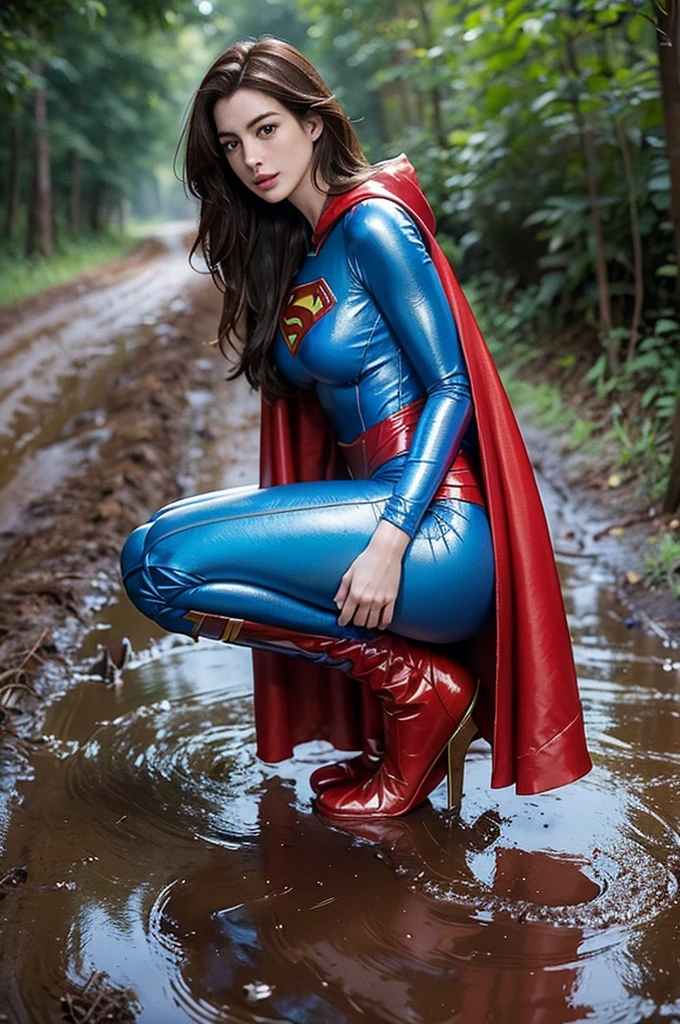 Anne Hathaway has long brown hair,White skin,Big breasts and butt,long legs,slender legs,Wearing a blue shiny full-coverage tight-fitting Superman suit,Red over-the-knee boots,red cloak,Kneeling on the muddy dirt road,Body facing the camera,Clothes covered with mud stains,Realistic style,full body picture