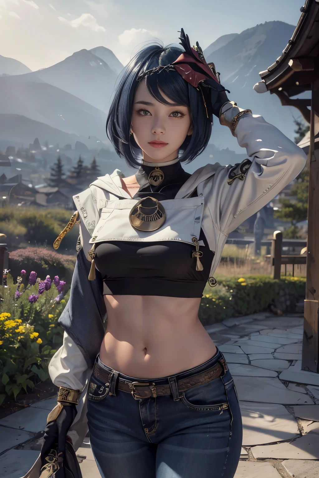long sleeved hoodie, long jeans, belt ((midriff, navel)), looking at viewer, garden, mountains, smile, ((cinematic lighting, masterpiece, anatomically correct, detailed textured skin, high details, highres, HD, 4K, 8k)), (kujou sara:1.3), (mask on head, blue hair, short hair, yellow eyes)
