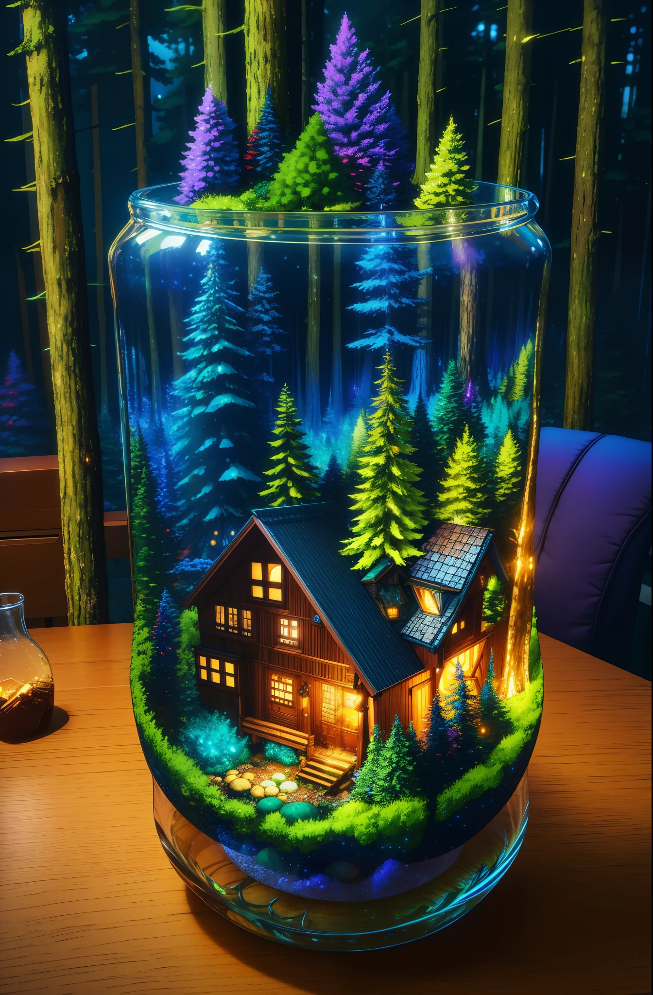 (An intricate forest minitown landscape trapped in a bottle), atmospheric oliva lighting, on the  table, 4k UHD, dark vibes, hyper detailed, vibrant colours, epic composition, octane render, sharp focus, high resolution isometric, Alaska night lights in the sky, gorgeous min homes from a dream, a studio Ghibli inspired creative homes.