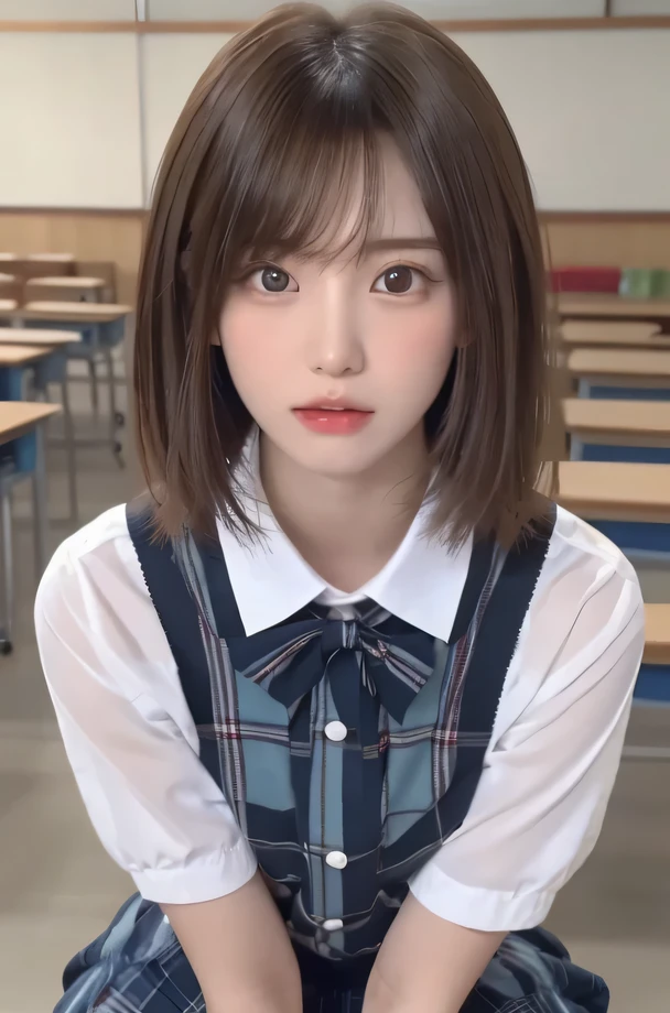 The masterpiece is、close up of face、Front view、Japanese young beauty、(jump energetically)、gorgeous figure、He wears a short-sleeved white collared shirt and a plain shiny red satin bow tie.、Wearing a blue tartan plaid skirt、Absolutely beautiful face、glossy lips、double eyelids of both eyes、natural makeup、 long eyelashes、medium length shiny smooth light brown hair、asymmetric bangs、tanned skin、alone in the classroom、、head frame、Center Image、8K resolution、high detail、detailed hairstyles、detailed face、Spectacular movie lighting、octane rendering、vivid、Super realistic、perfect limbs、perfect anatomy、short hair、Full body Esbian