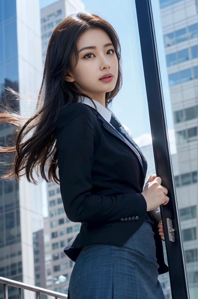 ((masutepiece:1.4, Best Quality)), (photos realistic:1.4), 
((1girl in)), Lustrous black hair, Hair that flutters in the wind,
(超A high resolution:1.2), Extremely delicate and beautiful, amazing, 
the Extremely Detailed CG Unity 8K Wallpapers, Ultra-detailed, High resolution, Soft light, 
Beautiful detailed girl, extremely detailed eye and face, beautiful detailed nose, Beautiful detailed eyes, 
(Dark blue business suit, skirt by the:1.4),
Cinematic lighting, Perfect Anatomy, Slender body, slender long legs, Taut,
(Glass-walled skyscrapers:1.3), (sunny winter blue sky:1.4), (Beautiful form with an inorganic atmosphere),
cool expression, Cowboy Shot