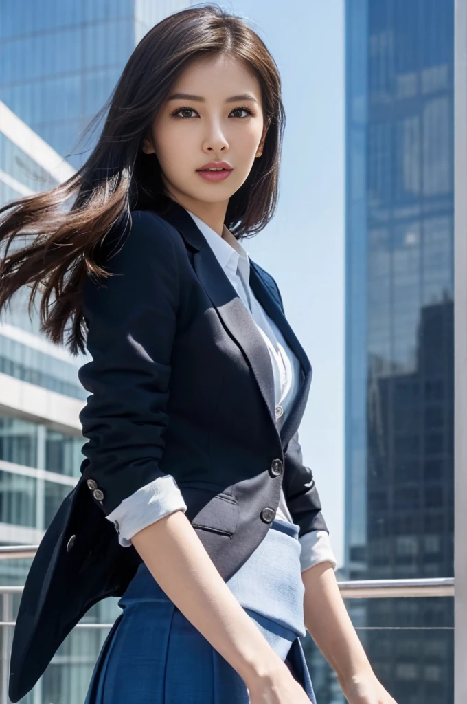 ((masutepiece:1.4, Best Quality)), (photos realistic:1.4),
((1girl in)), Lustrous black hair, Hair that flutters in the wind,
(超A high resolution:1.2), Extremely delicate and beautiful, amazing,
the Extremely Detailed CG Unity 8K Wallpapers, Ultra-detailed, High resolution, Soft light,
Beautiful detailed girl, extremely detailed eye and face, beautiful detailed nose, Beautiful detailed eyes,
(Dark blue business suit, skirt by the:1.4),
Cinematic lighting, Perfect Anatomy, Slender body, slender long legs, Taut,
(Glass-walled skyscrapers:1.3), (sunny winter blue sky:1.4), (Beautiful form with an inorganic atmosphere),
cool expression, Cowboy Shot