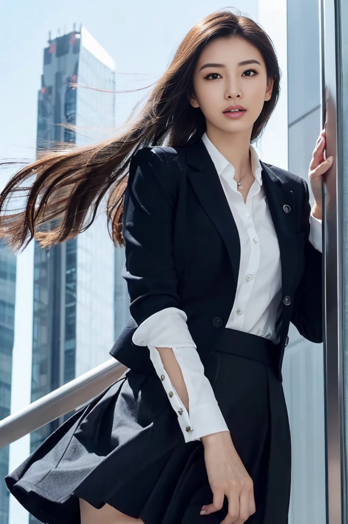 ((masutepiece:1.4, Best Quality)), (photos realistic:1.4),
((1girl in)), Lustrous black hair, Hair that flutters in the wind,
(超A high resolution:1.2), Extremely delicate and beautiful, amazing,
the Extremely Detailed CG Unity 8K Wallpapers, Ultra-detailed, High resolution, Soft light,
Beautiful detailed girl, extremely detailed eye and face, beautiful detailed nose, Beautiful detailed eyes,
(Dark blue business suit, skirt by the:1.4),
Cinematic lighting, Perfect Anatomy, Slender body, slender long legs, Taut,
(Glass-walled skyscrapers:1.3), (sunny winter blue sky:1.4), (Beautiful form with an inorganic atmosphere),
cool expression, Cowboy Shot