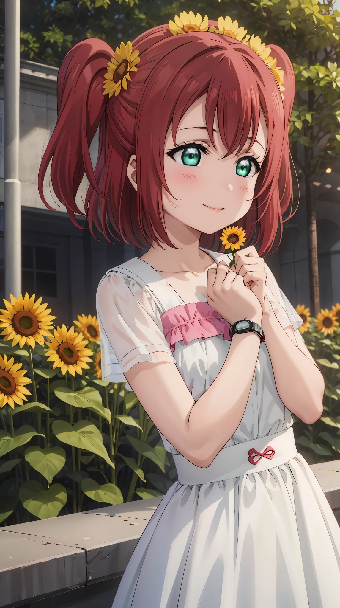 best quality, masterpiece, highres, solo, {kurosawa_ruby_lovelivesunshine:1.15}, red_hair, bangs, blush, two_side_up, smile, aqua_eyes, green_eyes, open_mouth, short_hair, hair_ornament, 1girl, flower, looking_at_viewer, sunflower, holding, holding_flower, closed_mouth, short_sleeves, dress, hairclip, upper_body, white_background, white_dress, wristwatch, yellow_flower