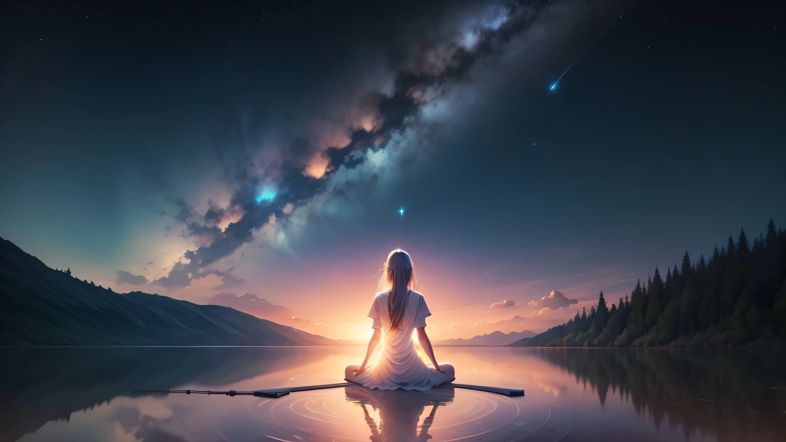 Describe a situation where a person is meditating or contemplating.., Sit in a quiet place surrounded by nature. Against the background of the expanding starry sky, symbolizes connection with the universe. The person in the image is、Are you raising your hand a little???、I&#39;I&#39;ll keep it in my chest, convey a sense of harmony, peace and cooperation. The overall atmosphere is one of tranquility and transcendence。, Represents an inner quest for spiritual uplift and a deeper connection with the universe。。.

Be sure to capture the beauty and serenity of the moment, pay attention to the details of the person meditating&#39;Facial expression and background sky landscape.. The image must give a calm impression.., Silence and a magical connection with the universe, Inviting viewers to explore the power of vibrational alignment and personal transformation.

Use soft colors and subtle contrasts、Don&#39;Don&#39;Don&#39;t forget to create a visually appealing and impactful composition.