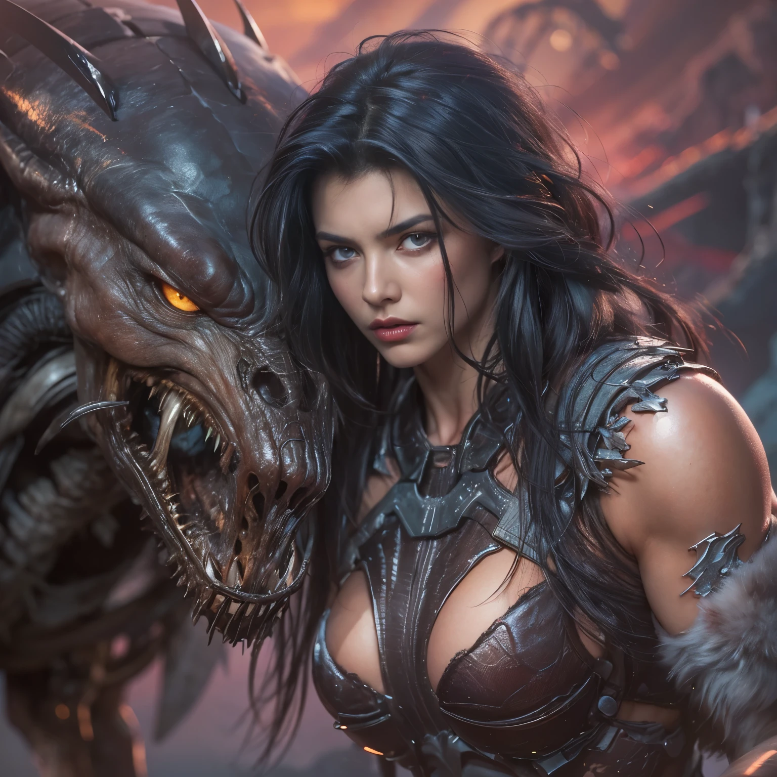 1 female alien, The predator, warrior, (extremely beautiful:1.2), (intense gaze:1.4), (predator:1.1), long dark claws, NSFW,  nipples, thick eyebrows, glowing and shining sky blue eyes, the most beautiful face in the universe, black hair,

A woman with an extremely beautiful face, her intense gaze fixed on her prey, a primal force that could not be denied.

(extreamly beautiful lean body:1.5), (ultra muscular build:1.2), (prowling:1.3), (sleek movements:1.4),

Her beautiful body, muscular and toned, moved with sleek grace as she prowled, ready to strike at a moment's notice. The predator within her was always on