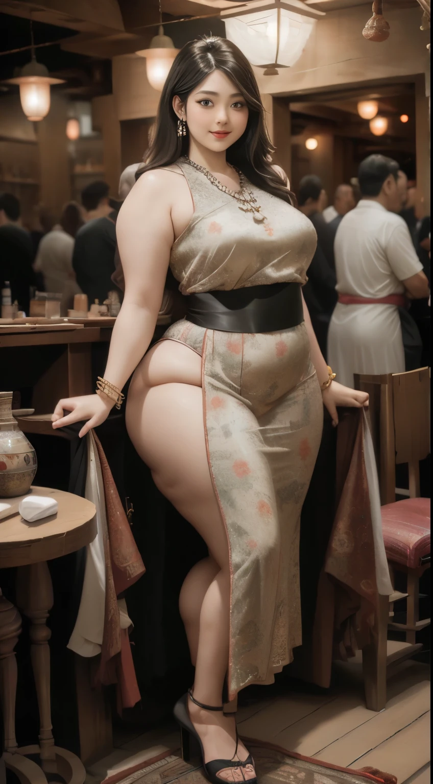 there is a woman in a random formal black gamis posing for a picture, beautiful thick female, thicc, wide hips, thick thighs, alluring plus sized model, rubenesque, thick legs, large thighs, plus size woman, widest hips, thick body, thick, curvy hourglass figure, curvy model, arabian-japanese goddess , beautiful curvy female, slightly fat arms , wearing 5 bracelet, wearing 3 diamond necklace , full body