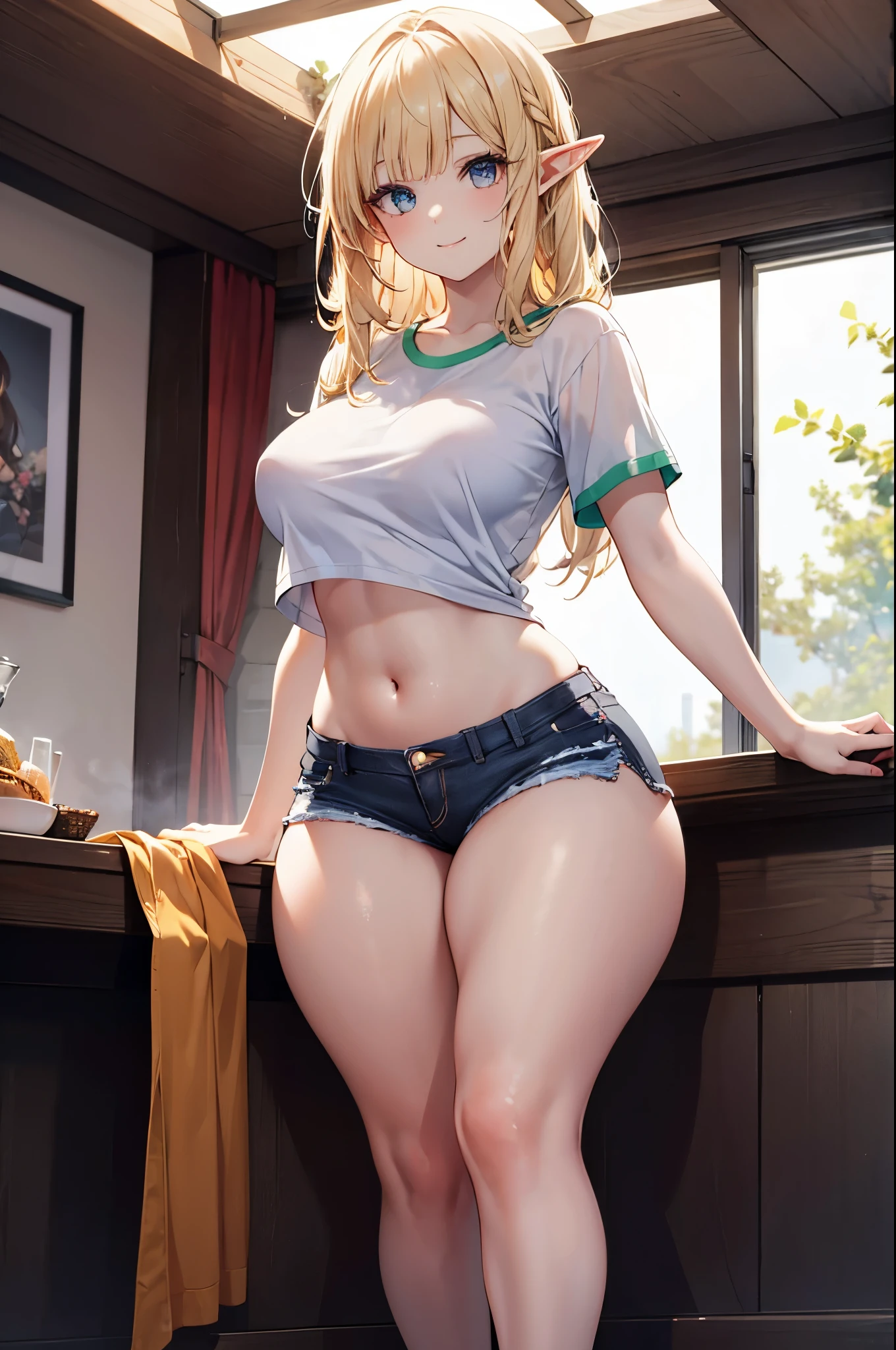 realistic image, coherent image, detailed image, 1 beautiful elf, She has long, straight and silky blonde hair, long eyelashes. Ruby colored eyes. Her face is oval and delicate, smiling. She is wearing a T-shirt showing her navel, ripped shorts, and sneakers. She has a curvy body, medium breasts, thick thighs, volumetric lighting, natural lighting,