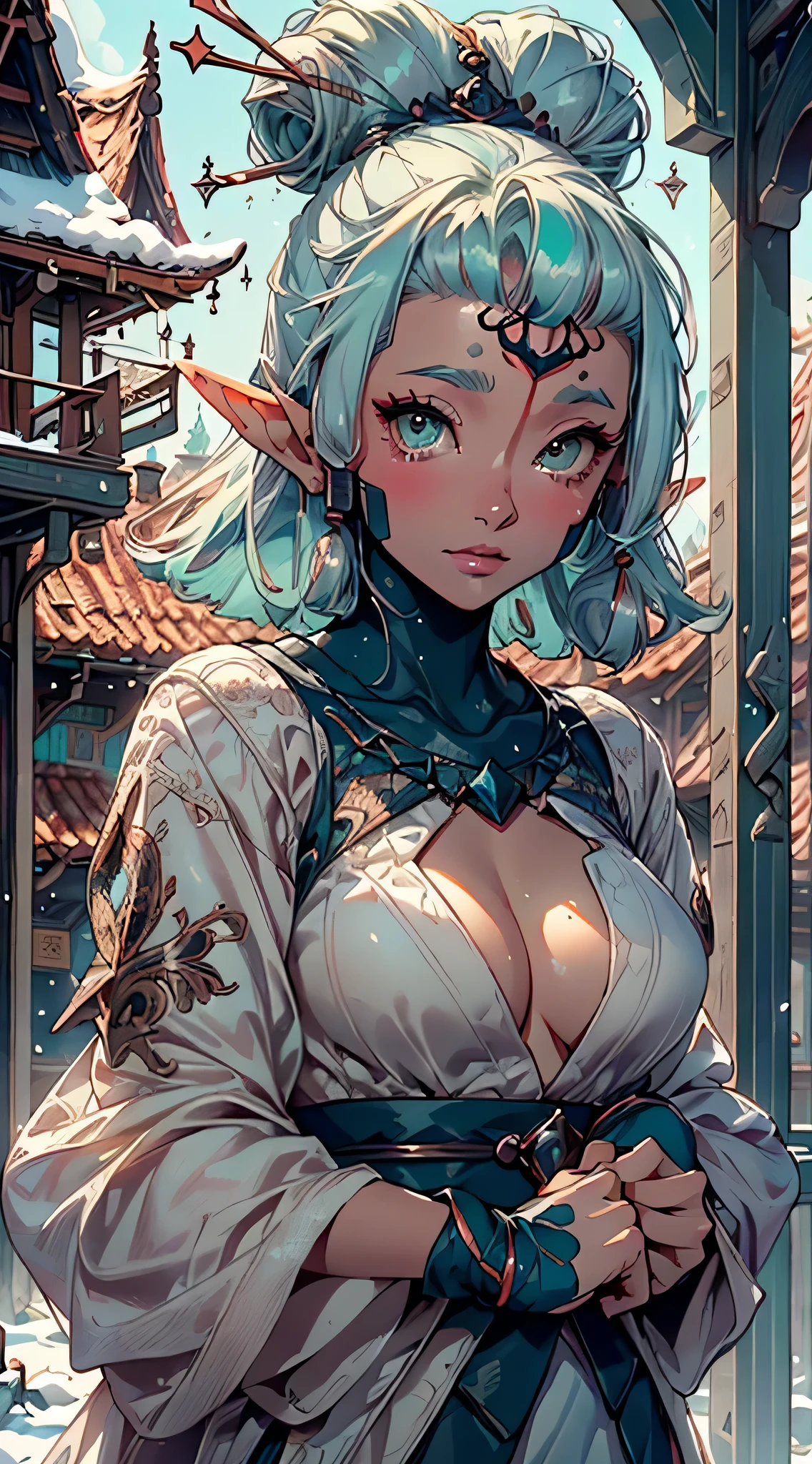 cute elf,(((little ,tiny little body,little))),((())),((anime elf with extremely cute and beautiful aqua hair)), (((elf,elf ears))), ((lesbian,yuri)),(((flat chest))),((((aqua hair:1.35,undercut aqua hair,colored inner hair,ear breathing)))),(((aqua_eyes:1.3))),intricate eyes,beautiful detailed eyes,symmetrical eyes,big eyes:1.5,(((dark skin,dark_skin,lustrous skin:1.5,bright skin: 1.5,skin tanned,shiny skin,very shiny skin,shiny body,plastic glitter skin,exaggerated shiny skin,illuminated skin))),(,detailed body,(detailed face)), cute,slutty,erotic,daring,(((nsfw))), zettai ryouiki,revealing clothing,show skin,(((Sexy aqua fur coat, aqua fur coat outfit, wearing a ice dress:1.3,aqua winter coat))), ((ice dress,elegant ice dress)),(white gloves,white clothes,(((intricate outfit,intricate clothes,embroidered outfit,ornate outfit,embroidered clothes,ornate clothes))), (dynamic pose:1.0),embarrassed,(centered,scale to fit dimensions,Rule of thirds), ((snowy pine forest at night)), with dark stormy clouds,winter,scenery:1.25,((snow forest background)),Christmas tree, highres,sharp focus,(ultra detailed,extremely detailed),(photorealistic artwork:1.37),(extremely detailed CG unity 8k wallpaper),(((vibrant colors,vibrant theme))),(intricate),(masterpiece),(best quality), Paya