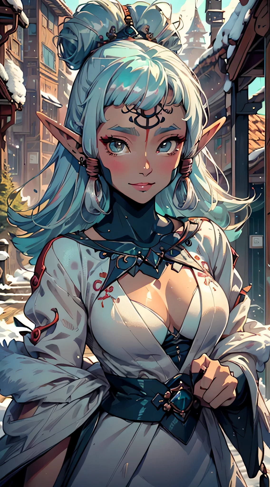 cute elf,(((little ,tiny little body,little))),(((6 ))),((anime elf with extremely cute and beautiful aqua hair)), (((elf,elf ears))), ((lesbian,yuri)),(((flat chest))),((((aqua hair:1.35,undercut aqua hair,colored inner hair,ear breathing)))),(((aqua_eyes:1.3))),intricate eyes,beautiful detailed eyes,symmetrical eyes,big eyes:1.5,(((dark skin,dark_skin,lustrous skin:1.5,bright skin: 1.5,skin tanned,shiny skin,very shiny skin,shiny body,plastic glitter skin,exaggerated shiny skin,illuminated skin))),(,detailed body,(detailed face)), cute,slutty,erotic,daring,(((nsfw))), zettai ryouiki,revealing clothing,show skin,(((Sexy aqua fur coat, aqua fur coat outfit, wearing a ice dress:1.3,aqua winter coat))), ((ice dress,elegant ice dress)),(white gloves,white clothes,(((intricate outfit,intricate clothes,embroidered outfit,ornate outfit,embroidered clothes,ornate clothes))), (dynamic pose:1.0),embarrassed,(centered,scale to fit dimensions,Rule of thirds), ((snowy pine forest at night)), with dark stormy clouds,winter,scenery:1.25,((snow forest background)),Christmas tree, highres,sharp focus,(ultra detailed,extremely detailed),(photorealistic artwork:1.37),(extremely detailed CG unity 8k wallpaper),(((vibrant colors,vibrant theme))),(intricate),(masterpiece),(best quality), Paya, smiling, 