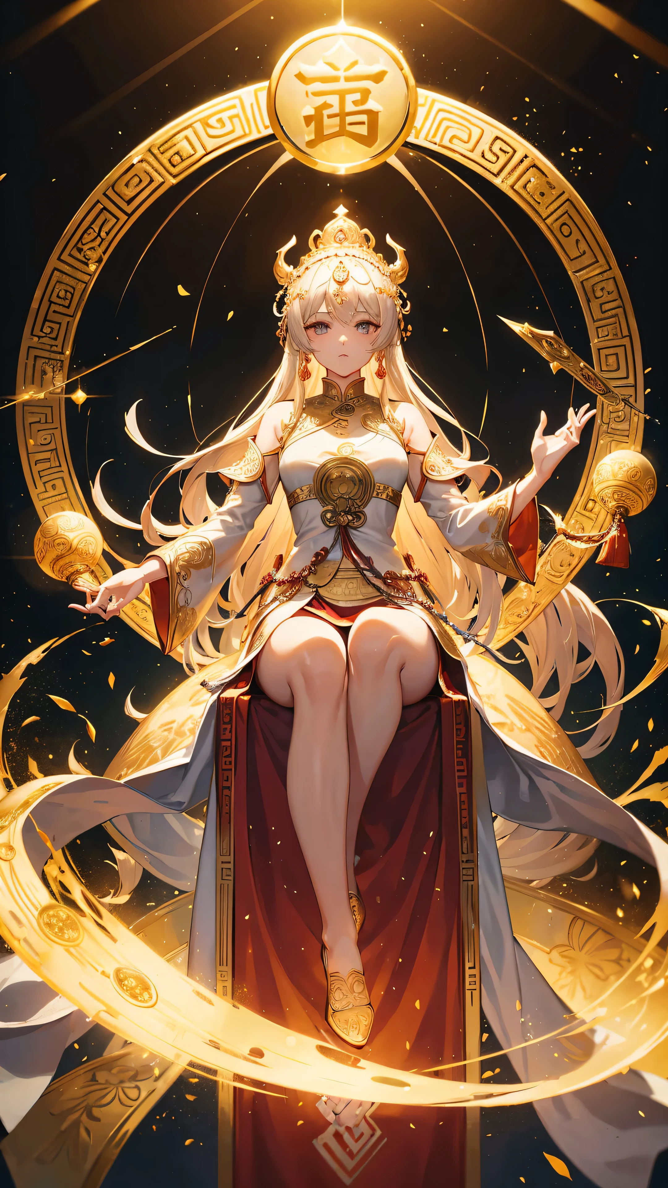 Women, Buddha Emperor's clothes, emperor's Buddha, Dao Ying and big symbols in the background, elegant, many Dao magic runes in the area effect, golden floor with Dao pattern drawings, One thousand Buddha Palm.HD lighting and dark )<=(epic image quality)dark atmosphere with bright particle light(many effects in background)