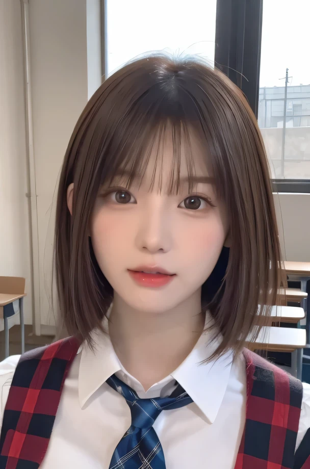 The masterpiece is、close up of face、Front view、Japanese young beauty、(jump energetically)、gorgeous figure、He wears a short-sleeved white collared shirt and a plain shiny red satin bow tie.、Wearing a blue tartan plaid skirt、Absolutely beautiful face、glossy lips、double eyelids of both eyes、natural makeup、 long eyelashes、medium length shiny smooth light brown hair、asymmetric bangs、tanned skin、alone in the classroom、、head frame、Center Image、8K resolution、high detail、detailed hairstyles、detailed face、Spectacular movie lighting、octane rendering、vivid、Super realistic、perfect limbs、perfect anatomy、short hair、Full body Esbian