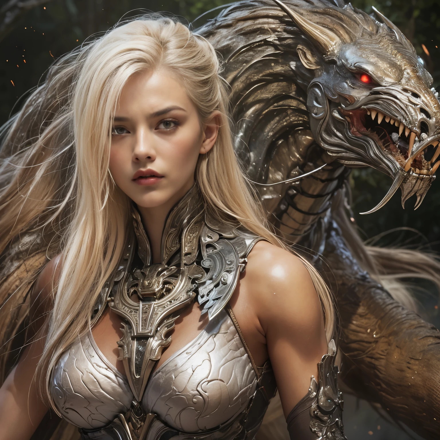 1 female alien, The predator, warrior, (extremely beautiful:1.2), (intense gaze:1.6), (predator:1.6), long dark claws, NSFW,  nipples, thick eyebrows, glowing and shining orange eyes, the most beautiful face in the universe, silver blonde hair,
A woman with an extremely beautiful face, her intense gaze fixed on her prey, a primal force that could not be denied.

(extreamly beautiful lean body:1.5), (ultra muscular build:1.2), (prowling:1.3), (sleek movements:1.4),

Her beautiful body, muscular and toned, moved with sleek grace as she prowled, ready to strike at a moment's notice. The predator within her was always on