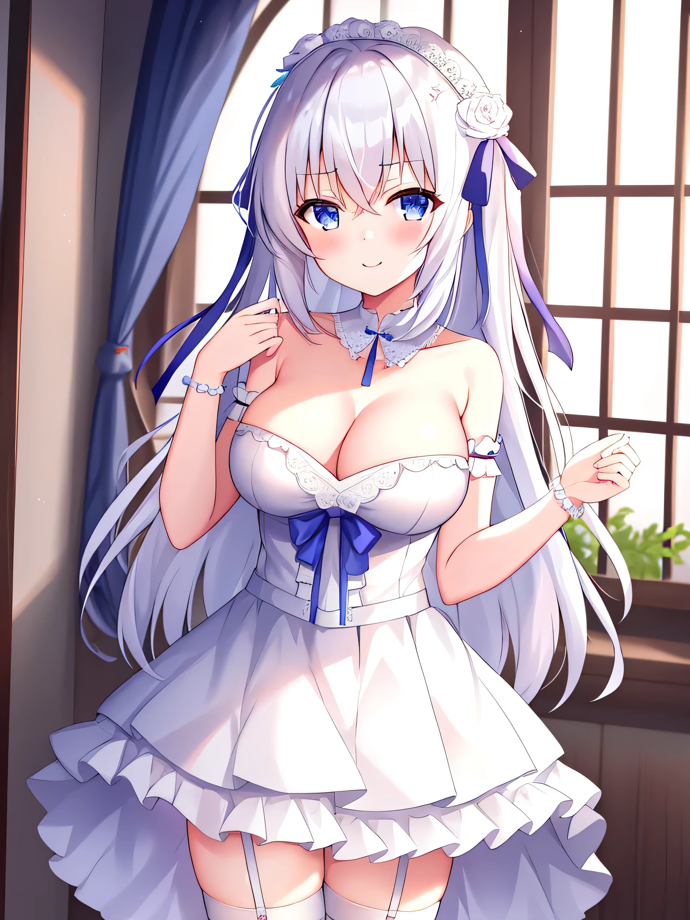 1 girl, Chest, Split, skirt, hand套, wedding_skirt, 蕾丝side半身裙,short skirt,hand里拿着flower, 橙色的hair, 大Chest, elbow_hand套, jewelry, white_skirt, white_hand套, gauze, necklace, inside the room, bride_gauze, bare shoulders, 蓝色的Eye, blush, hair_decorate, Smile, wedding_ring, white_flower, white_hair, clavicle, white_necklace, Strapless, Strapless_skirt, curtain, Bangs, hair_ribbon, hair_flower, one_side_up, hand_up, ribbon, hair_between_Eye, 褶side, window, V shape_Eyebrow,whole body,white lace stockings,masterpiece,upright,