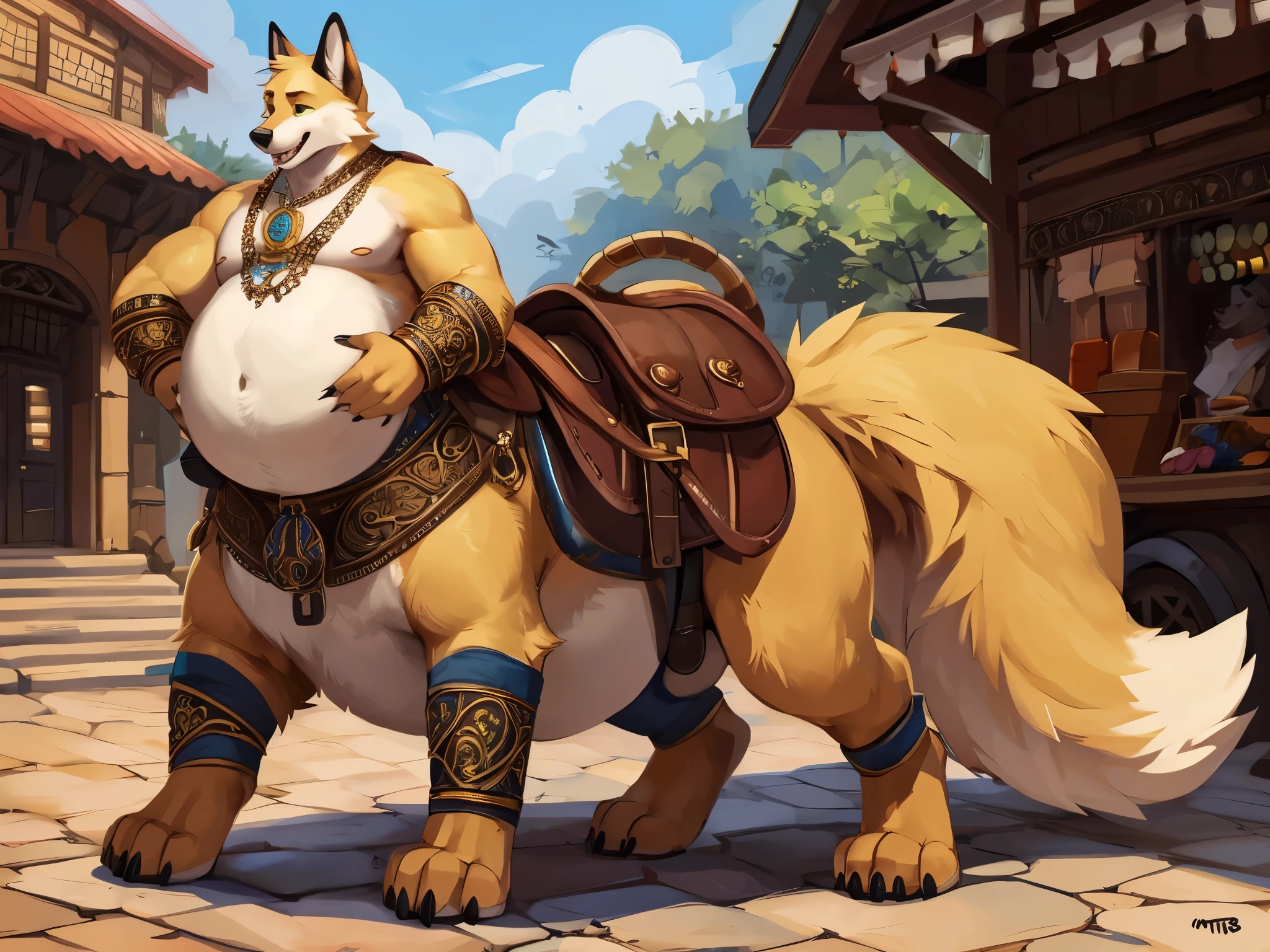 4k ultra quality, 4k full body view,ultra high detailed body,singo person,foxtaur, detailed body, (ultra detailed belly), white belly fur,big belly, ((round taur belly)), enormous taur belly, enormous taur body, bulge,by mystikfox61, by glitter trap boy, by bebebebebe,by morethreedee, by seibear,(thick thigh),(chubby thigh),thicc thigh,thick legs,chubby legs,thicc legs,massive butt,enomorous thigh,massive thigh,massive legs,(detailed thigh),(wide thigh),thick butt,fluffy belly,furry belly,sharp nails,((sfw)),(ultra detailed face),ultra detailed eyes,cute face,green eyes,(golden fur),mouth open,big tail,fluffy tail,(detailed tail),enomorous tail,front view,bigger tail,huge tail,immobile taur,enomorous thigh,fluffy paws,detailed paws,thick paws,chubby paws,huge paws,big paws,(black paws),bare paws,ornate belts,ornate necklace,golden bracelet,leather belts,multiple belts,ultra big bulge,huge bulge,male, saddle bags,leg bracelets,ornate saddle,saddle packs,big packs,mediaeval town,mediaeval style,taur treader,outdoor,by a market,on the street,crowded