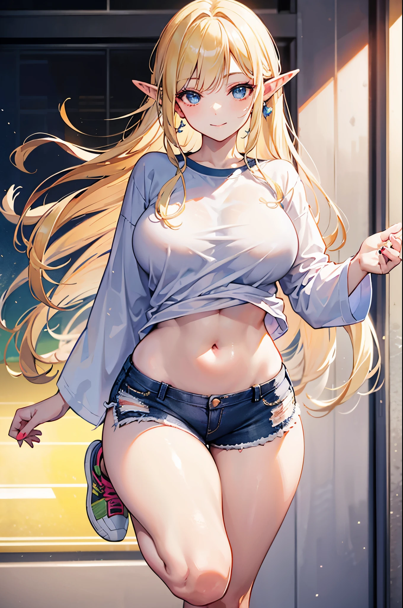 realistic image, coherent image, detailed image, 1 beautiful elf, She has long, straight and silky blonde hair, long eyelashes. Ruby eyes. Her face is oval and delicate, smiling. She is wearing a T-shirt showing her navel, ripped shorts, and sneakers. She has a curvy body, medium breasts, thick thighs, volumetric lighting, natural lighting,