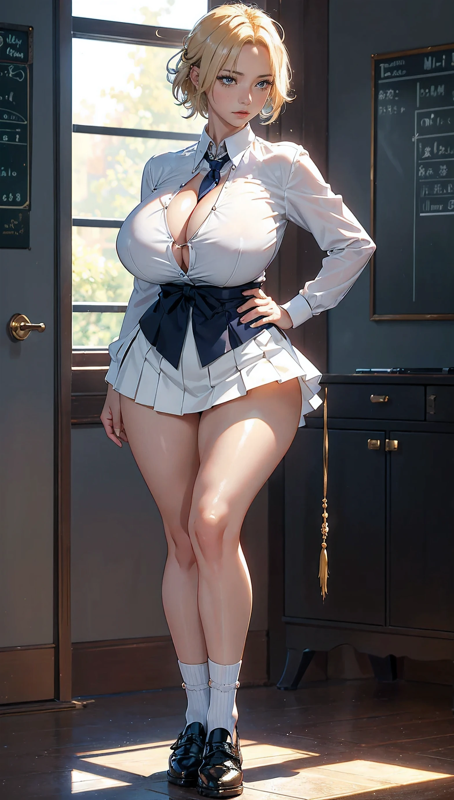 (masterpiece:1.2, highest quality), (highly detailed face, real image, delicate skin tone realistic skin, realistic body,woman1,Authentic bare white shirt with intricate details、ribbon、flare skirt, tie,school background,bright golden hair,messy hair,punk rock hair,boyish,full body shot,long eyelashes,expensive,huge cleavage,big bust,oversized erect nipples,attractive pose,big hips, thick chest plate, beautiful feet, and a thin waist,pussy,clearware,whiten skin,school shoes