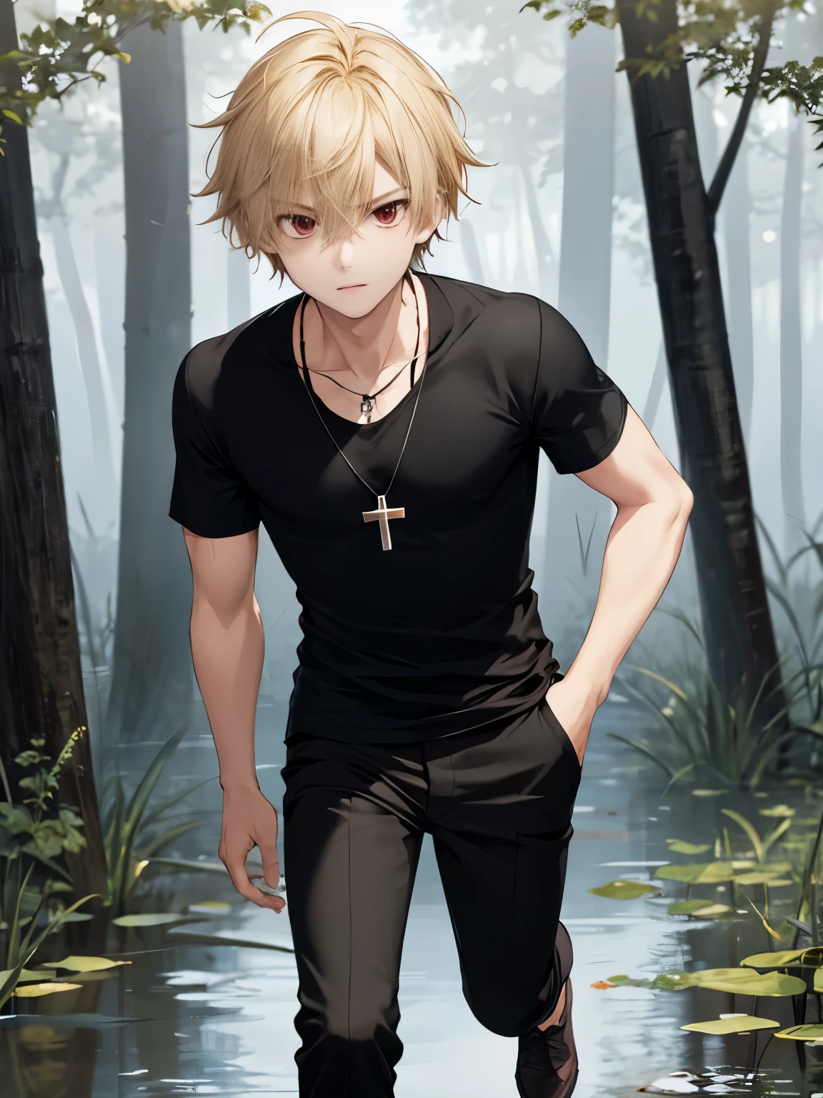 1 boy,solo,20 years old,at night,Hands on shoulders,Panic expression,Running in the swamp,full body photo,HD face,Focus on face,cross necklace,handsome,messy hair,Perfect face, detailed face, short hair, blonde hair,black t-shirt, Plain t-shirt,black t-shirt,short sleeve t-shirt,black trousers, Long pants,red eyes,bright red eyes, vampire