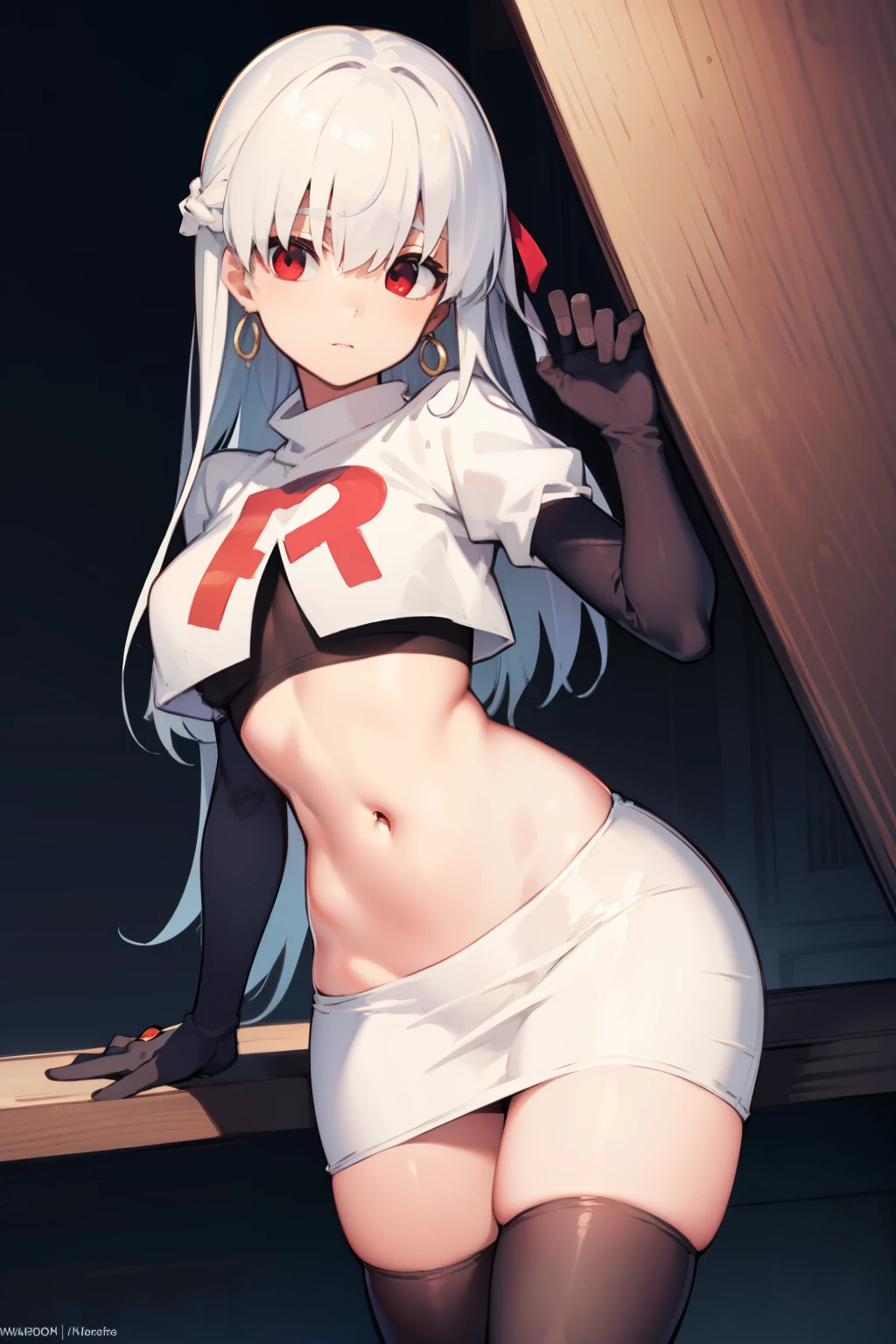 fgokama, kama, hair ribbon, (red eyes:1.5), red ribbon, ribbon, long hair, white hair,
BREAK earrings, jewelry, ring, team rocket,team rocket uniform,white skirt,red letter R,crop top,black thigh-highs,black elbow gloves
BREAK looking at viewer,
BREAK (masterpiece:1.2), best quality, high resolution, unity 8k wallpaper, (illustration:0.8), (beautiful detailed eyes:1.6), extremely detailed face, perfect lighting, extremely detailed CG, (perfect hands, perfect anatomy),