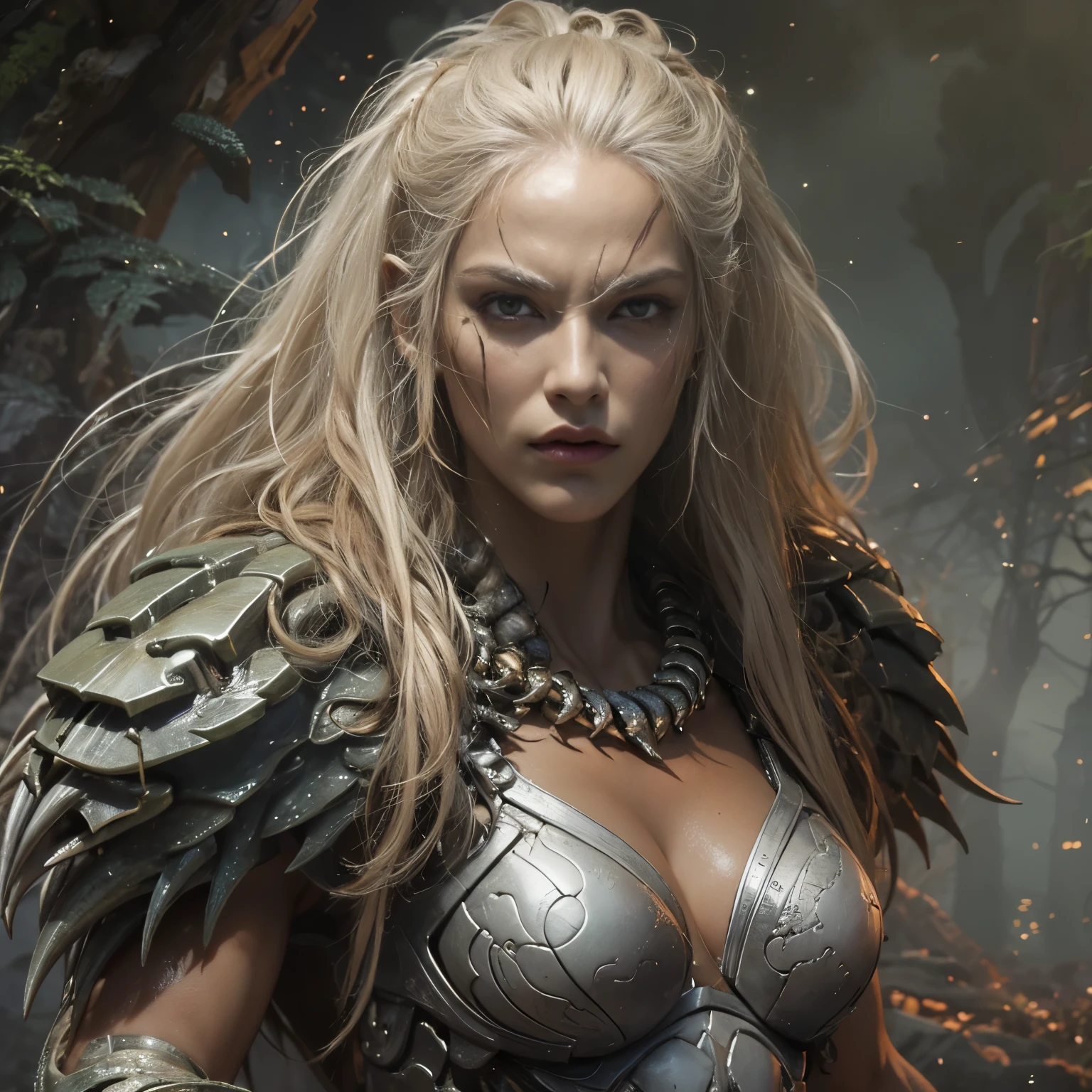 1 female alien, The predator, warrior, (extremely beautiful:1.2), (intense gaze:1.6), (predator:1.6), long dark claws, NSFW,  nipples, thick eyebrows, glowing and shining orange eyes, the most beautiful face in the universe, silver blonde hair,
A woman with an extremely beautiful face, her intense gaze fixed on her prey, a primal force that could not be denied.

(extreamly beautiful lean body:1.5), (ultra muscular build:1.2), (prowling:1.3), (sleek movements:1.4),

Her beautiful body, muscular and toned, moved with sleek grace as she prowled, ready to strike at a moment's notice. The predator within her was always on