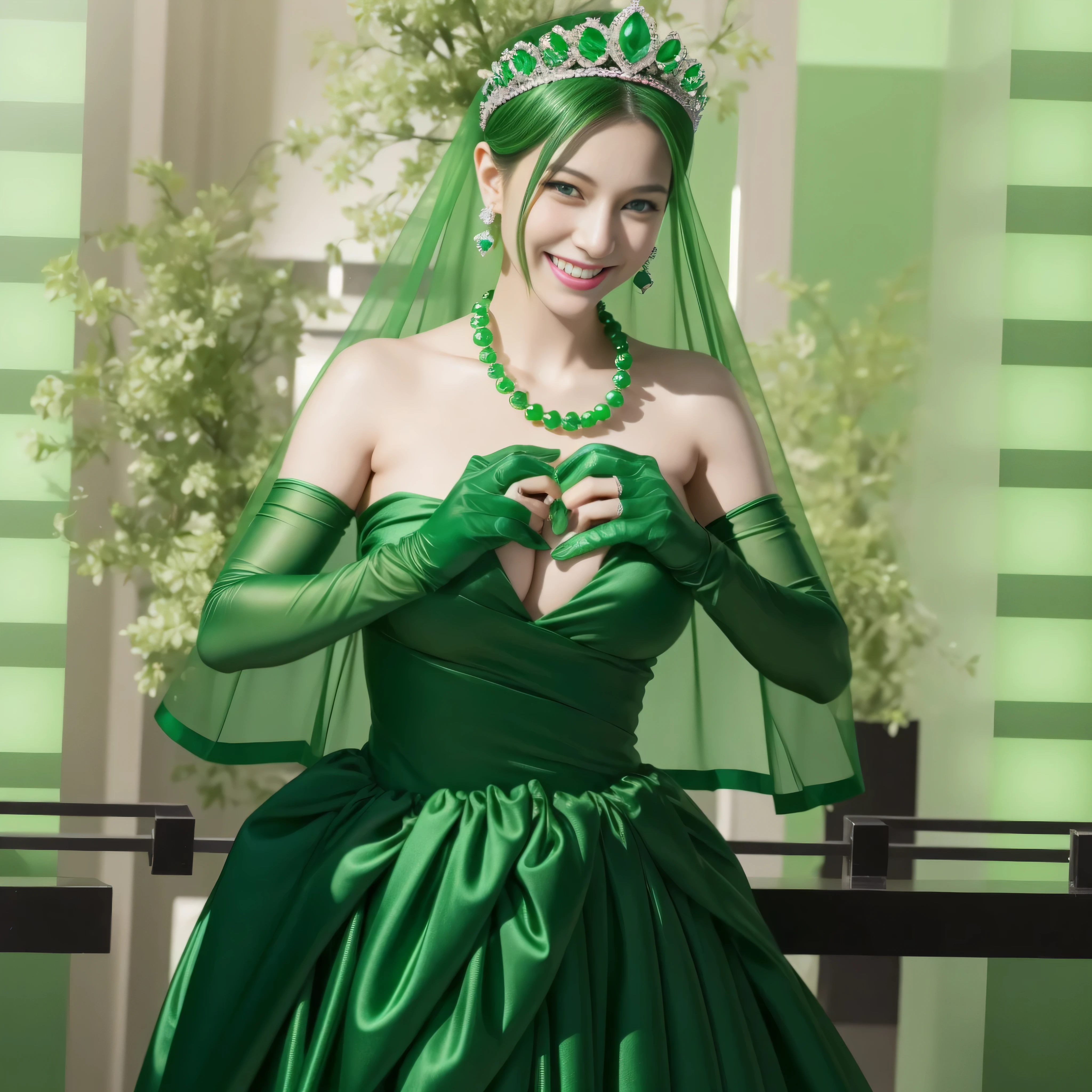 emerald tiara, Green Pearl Necklace, Boyish green berry short hair, lipstick, smiling Japanese woman, very short hair, big breasts beautiful, green eyes, green satin long gloves, green eyes, v sign, emerald earrings, Green veil, green lip gloss
